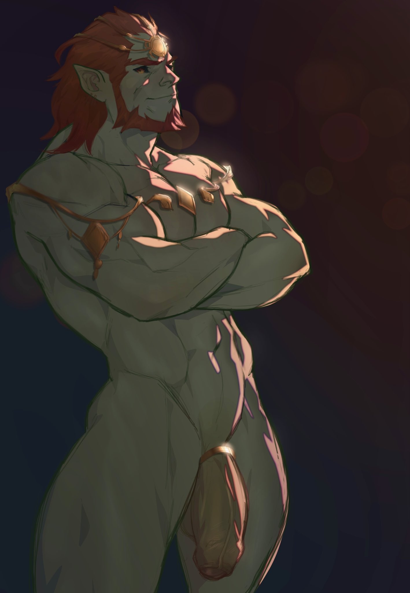 1boy abs apostlxiii bara biceps cock_ring crossed_arms feet_out_of_frame flaccid ganondorf girthy_penis highres large_pectorals long_hair looking_at_viewer male_focus male_only manly mature_male muscular muscular_male nude pectorals penis pointy_ears red_background red_eyes red_hair sex_toy simple_background smirk solo solo_male spiked_hair the_legend_of_zelda the_legend_of_zelda:_tears_of_the_kingdom thick_arms thick_eyebrows thick_thighs thighs