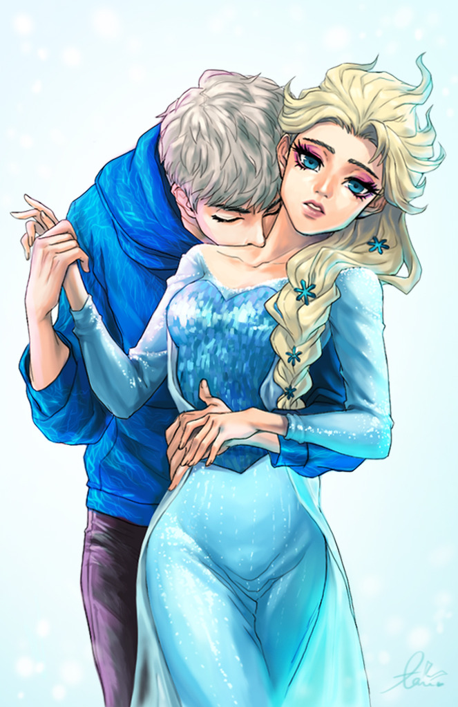 1boy 1girls arm_around_waist blonde_hair blue_eyes crossover crossover_pairing disney disney_princess dreamworks elsa_(frozen) female frozen_(film) holding_hands hugging hugging_from_behind jack_frost jack_frost_(rise_of_the_guardians) kiss_on_neck kissing_neck male male/female neck_kiss paramount_pictures rise_of_the_guardians romantic straight