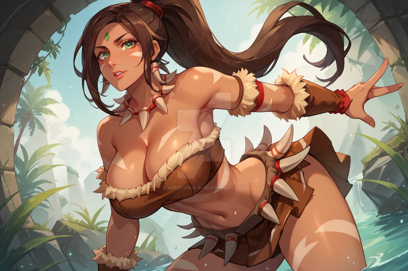 1female 1girl 1girls abs adoptable adoptable-ai ai_generated big_breasts breast_focus brown_hair brown_hair_female bust_focus chest_focus deviantart ear_piercing ear_piercings ear_ring ear_rings earring earrings female_abs female_focus female_only forehead_gem forehead_jewel gem_on_forehead green_eyes green_eyes_female in_water jewel_on_forehead large_breasts league_of_legends long_hair long_hair_female looking_at_viewer nidalee ponytail ponytail_female riot_games shiny shiny_breasts shiny_skin shiny_thighs skimpy skimpy_clothes skimpy_costume skimpy_outfit skimpy_panties skimpy_underwear solo solo_female solo_focus standing standing_in_water tooth_necklace tribal_markings tribal_tattoo tribal_tattoos watermark