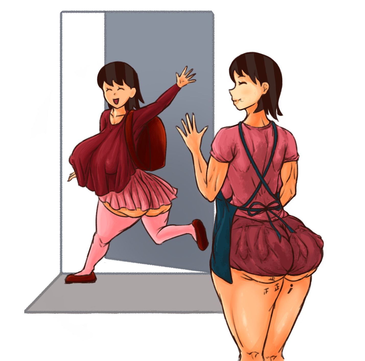 2girls, after sex, ass, ass hanging out of skirt, backpack, big ass, breasts, condom, condom belt, female, female only, filled condom, huge breasts, irasutoya, mature female, mig3120, milf, mother, mother and daughter, nipple bulge, pantylines, short skirt, skirt, stray pubic hair, tally marks, thick thighs, thighhighs, underass, used condom, waving, wide hips