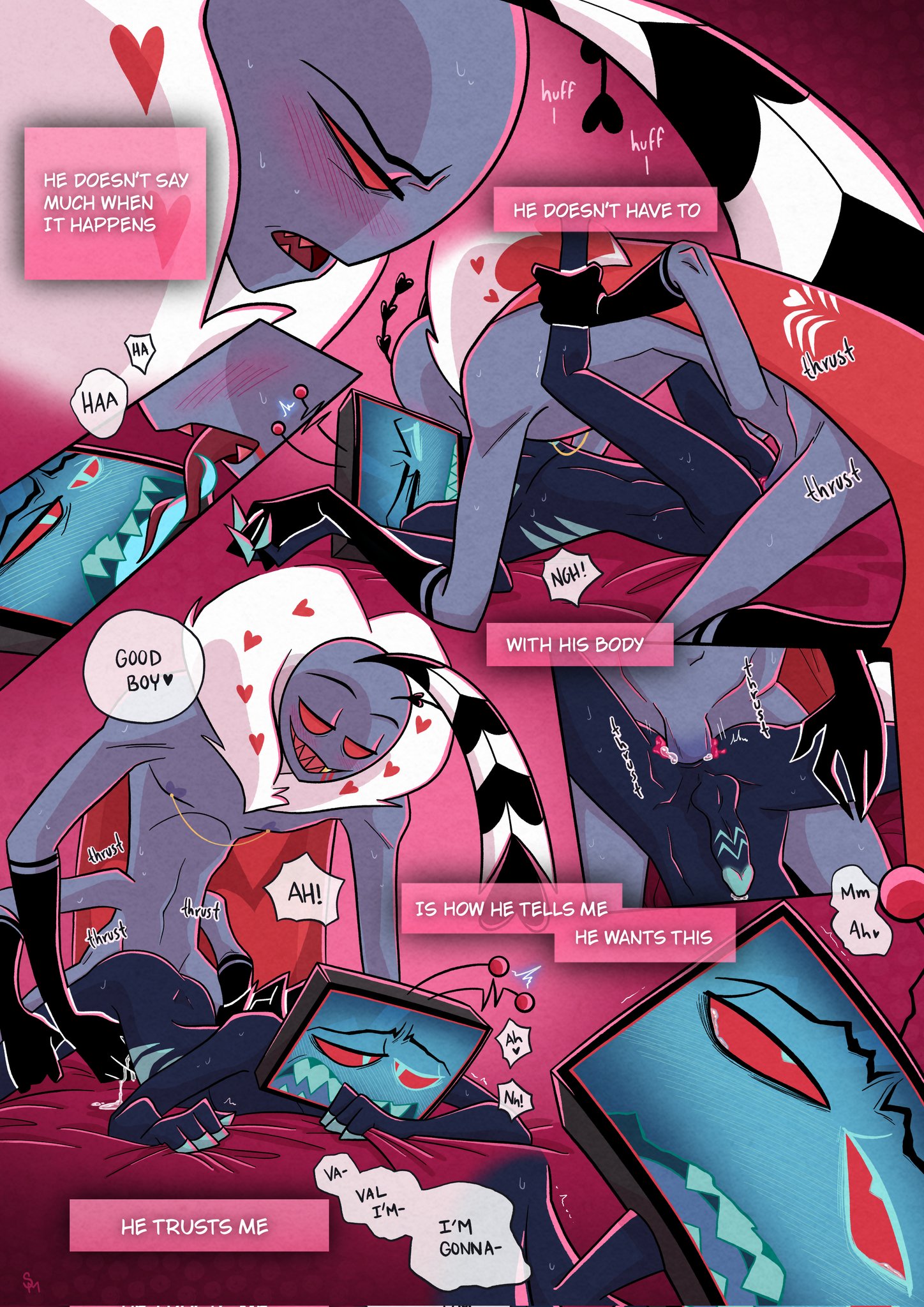 2boys, anal, bed sheet, blush, cape, clutching sheets, comic, comic page, cum, dialogue, english, english text, erection, gay, gay sex, gentle, gripping sheets, hazbin hotel, hellaverse, holding hands, inner monologue, male, male only, nude, nude male, penis, praise, schaychaym, submissive male, tagme, tears, tongue, tongue kiss, tv head, valentino (hazbin hotel), vox (hazbin hotel), wholesome, yaoi