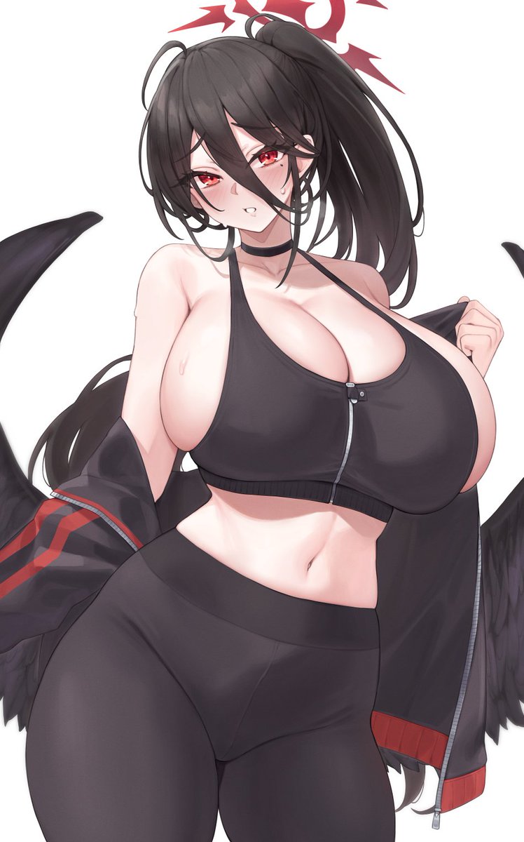 1girls, artist request, big breasts, black hair, blue archive, blush, boob window, feathered wings, female, female only, halo, hasumi (blue archive), justice task force (blue archive), kuavera, leggings, oversized breasts, ponytail, red eyes, sideboob, sport pants, sports bra, sportswear, sweatdrop, track jacket, trinity general school student, voluptuous, voluptuous female, wings, zipper