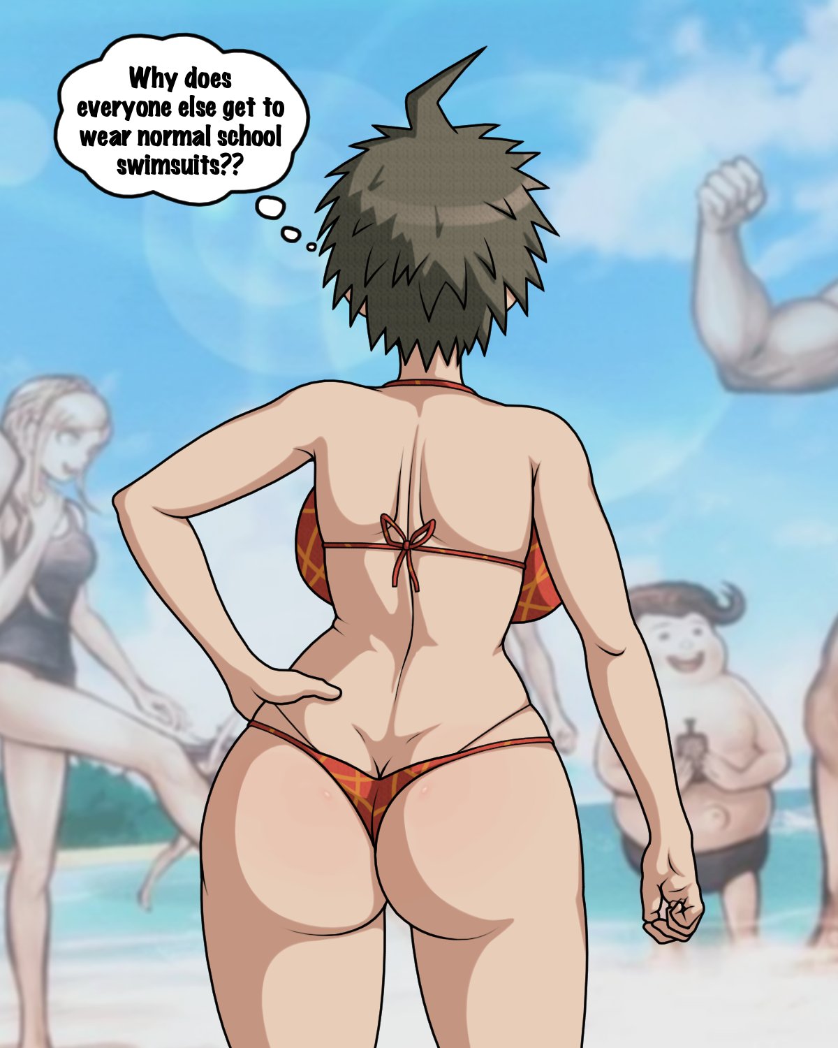 ass, ass focus, back view, beach, bikini, brown hair, butt focus, cheeeeeeeeeeeeen, danganronpa, danganronpa 2: goodbye despair, dialogue, english, english text, female, from behind, genderbend, genderswap, halter bikini, halterneck, hand on hip, hinata hajime, mioda ibuki, nagito komaeda, nidai nekomaru, no sex, outdoors, rule 63, short hair, solo, solo focus, sonia nevermind, speech bubble, sprite edit, standing, swimsuit, tagme, teruteru hanamura