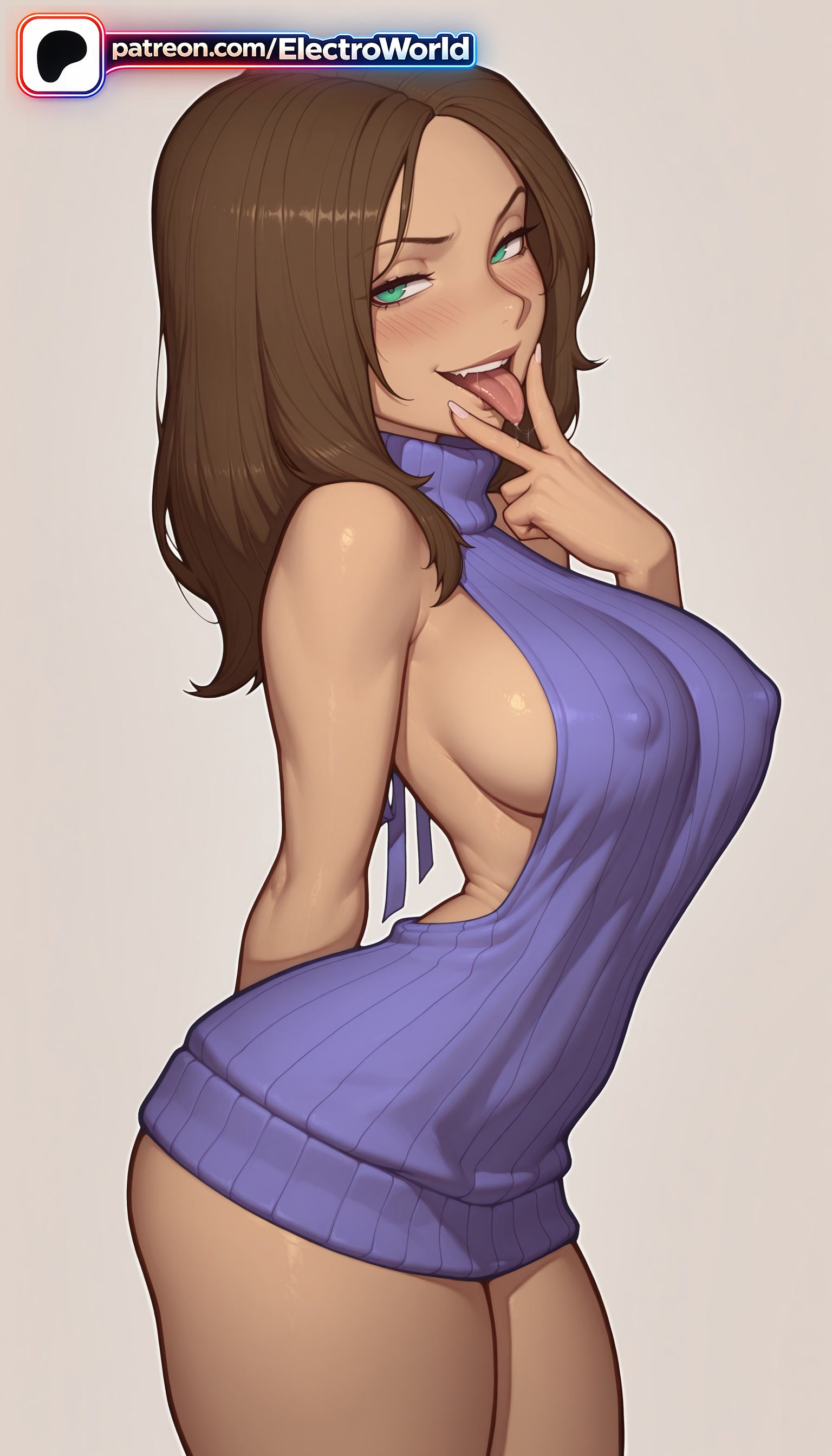 1girls, 2026, ai generated, artist name, ass, bare shoulders, big breasts, big chest, bonnie rockwaller, breasts, brown hair, bust, busty, chest, covered nipples, dark skin, dark-skinned female, disney, electroworld, female, green eyes, hi res, high quality, high resolution, highres, kim possible, large breasts, looking at viewer, meme attire, naked sweater, naughty face, patreon, patreon username, ribbed sweater, sideboob, solo, stable diffusion, sweater, tongue, tongue out, turtleneck, virgin killer sweater, watermark