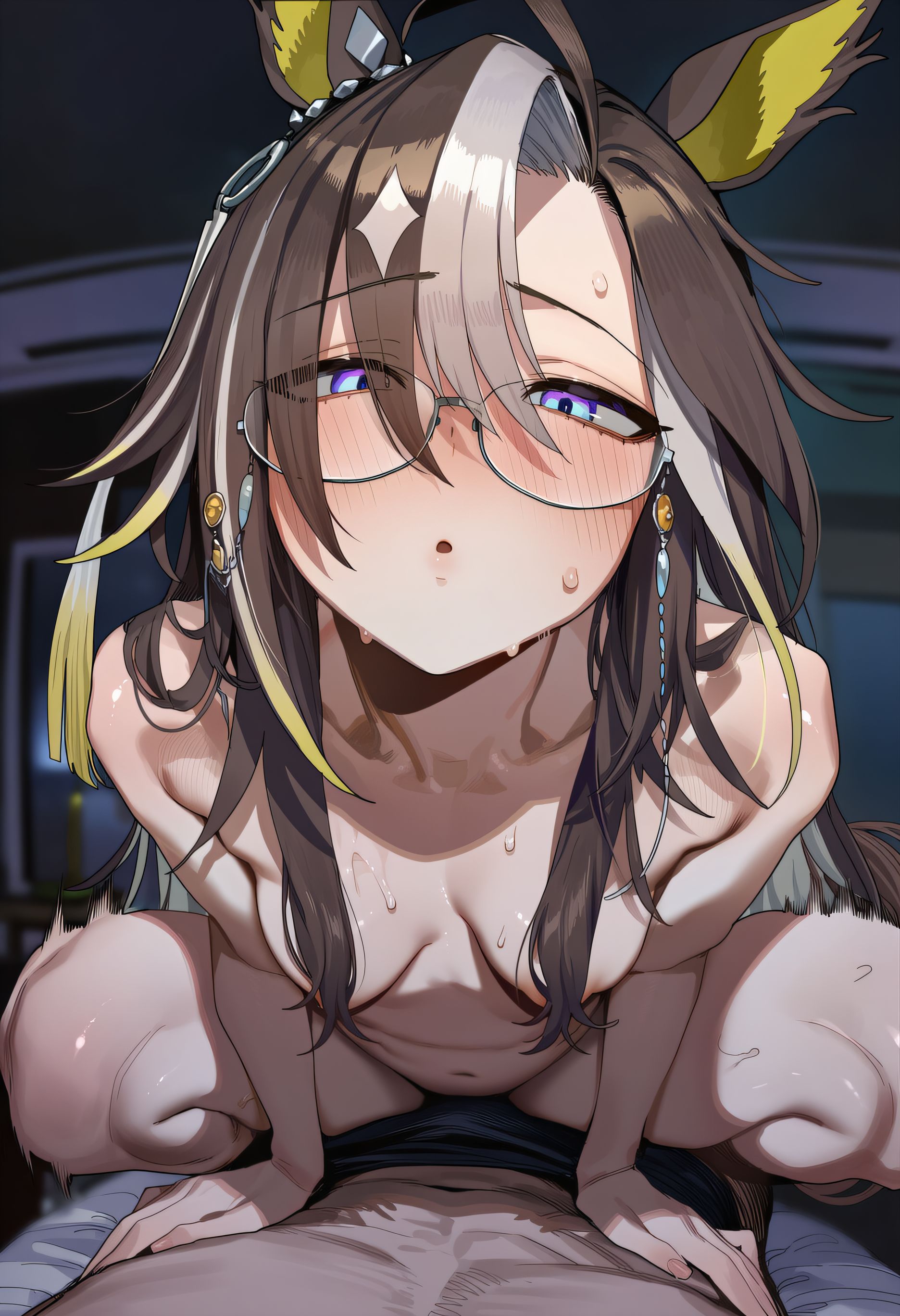ai generated, animal ears, brown hair, dream journey (umamusume), droopy ears, female, hair ornament, highlights (coloring), highlights hairs, horse girl, light blue eyes, long hair, markings on hair, naked, riding, sanpaku, smaller female, thin eyebrows, umamusume, umamusume pretty derby, yellow ear fluff, yellow ears