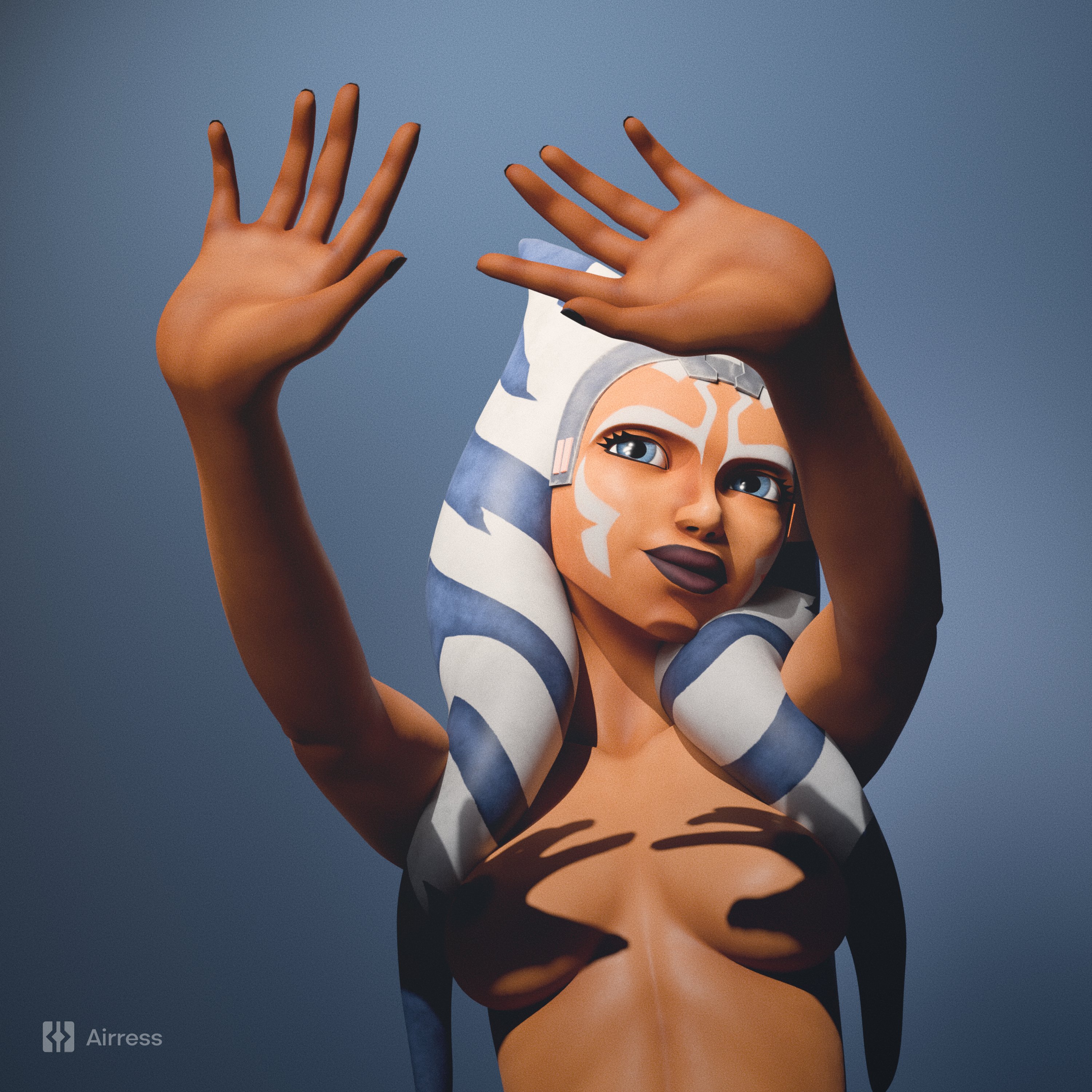 1girls, 3d, 3d (artwork), ahsoka tano, airress3d, airress3d (3d-modeller), alien, alien girl, alien humanoid, areola, areolae, blue eyes, breasts, cleavage, clone wars, dark areola, dark areolae, dark nipples, face markings, facial markings, female, female focus, female only, hands casting shadow, lekku, lekku (anatomy), lucasfilm, medium breasts, nipples, orange body, orange skin, orange-skinned female, pose, posing, presenting, shadow, showing off, simple background, star wars, the clone wars: season seven, togruta, watermark