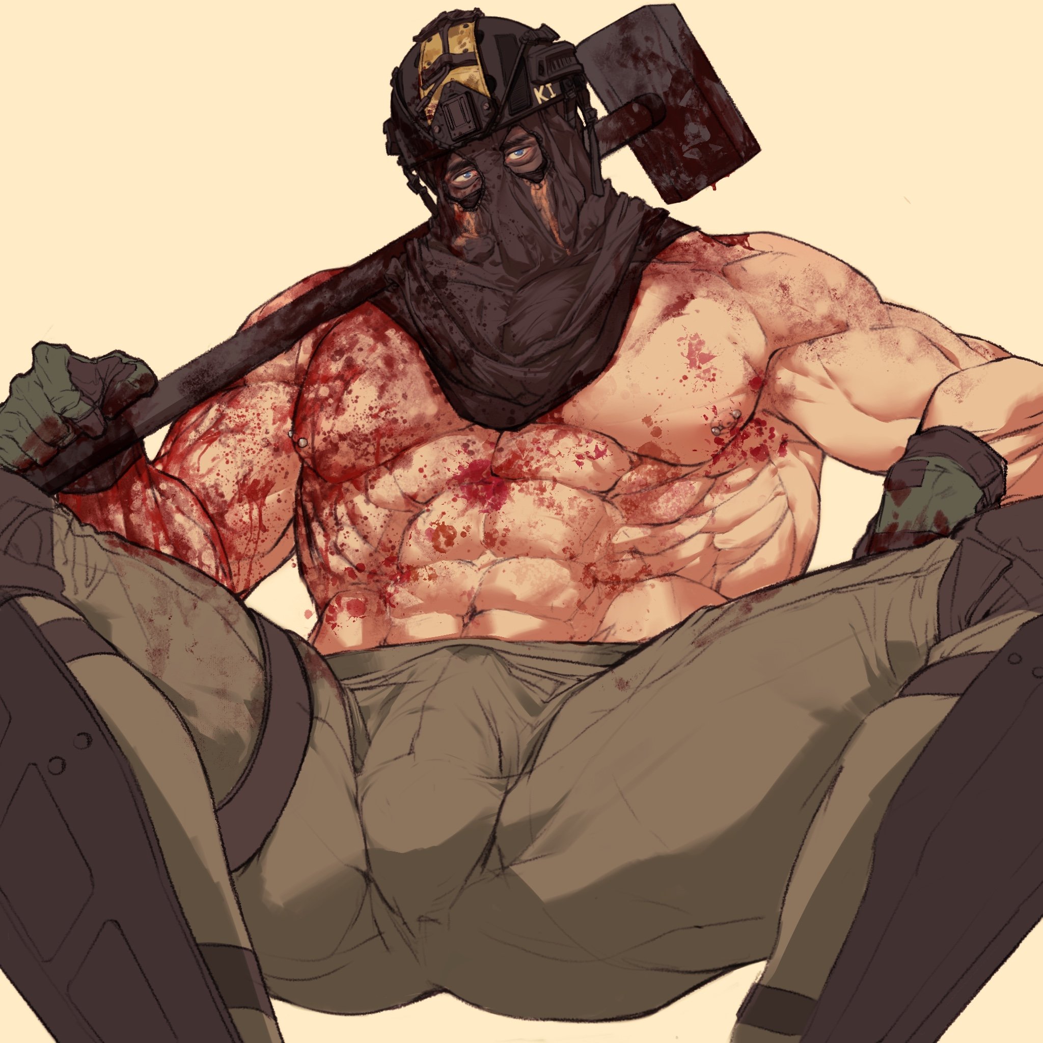 activision, bara, big bulge, big cock, big dick, big muscles, big penis, blood, blood on chest, blood on torso, blood on weapon, bulge, bulge through clothing, bulge under clothes, call of duty, cod, covered in blood, gay, hammer, holding weapon, infinity ward, konig, male only, muscular, muscular male, shirtless, shirtless (male), shirtless male, sledgehammer, sniper veil, soft expression, yaoi, zhens777