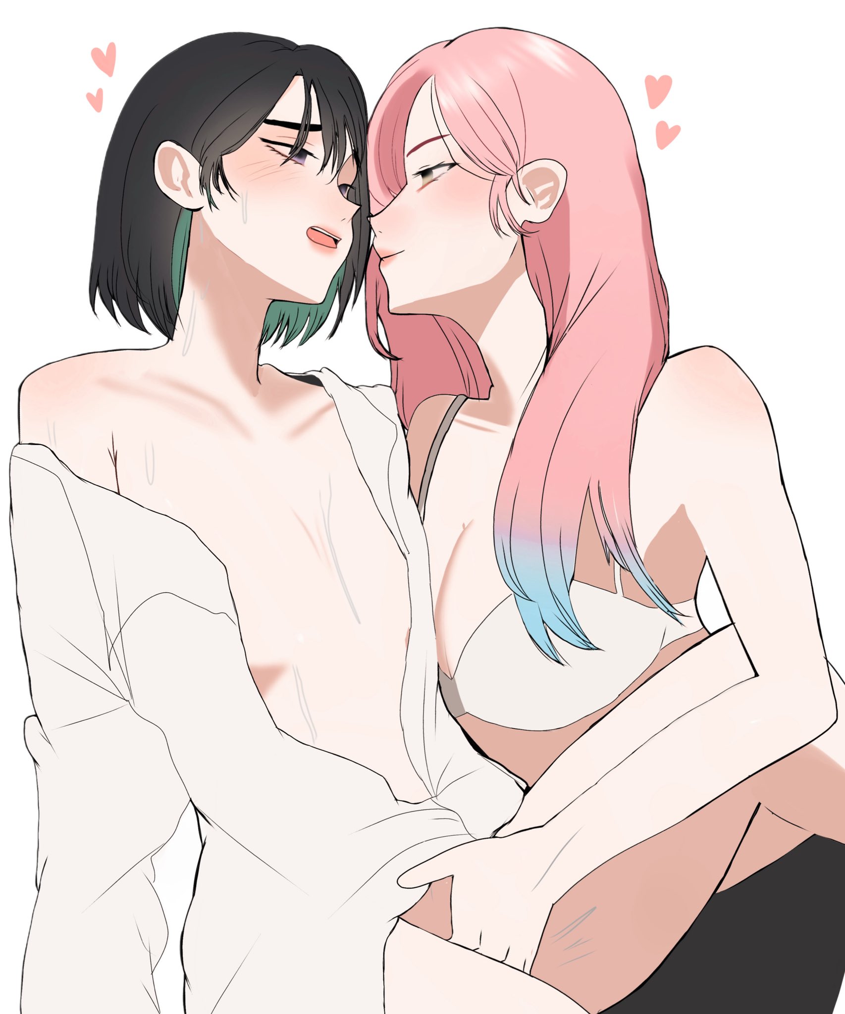 2girls, alien stage, black hair, blue hair, bra, fingering, heart, long hair, mizi (alien stage), of, open mouth, pink hair, raimusoft, shirt, short hair, sua (alien stage), two-tone hair, white bra, white shirt, yuri