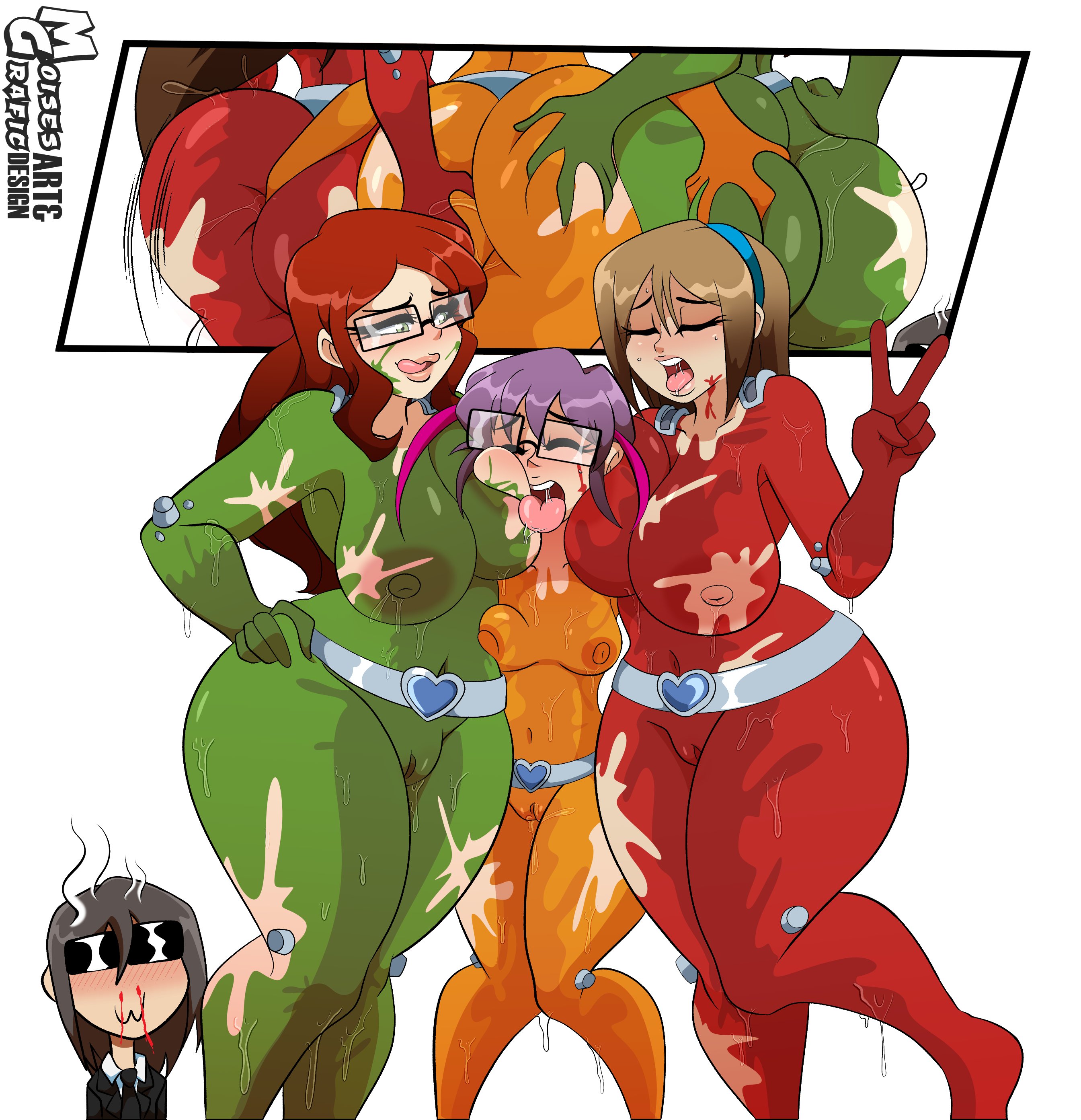 1boy, 2025, 3girls, artur (living with hipstergirl and gamergirl), ass, ass grab, ass squish, assertive female, big ass, big breasts, big butt, blush, bodypaint, breast press, breasts, breasts touching, brown hair, busty, closed eyes, commission, cosplay, curvy, double breast smother, double team, drooling, elly (living with hipstergirl and gamergirl), erika (living with hipstergirl and gamergirl), face in breasts, female, female focus, fff threesome, glasses, green eyes, licking lips, living with hipstergirl and gamergirl, male, melting clothes, moisesgrafic, multiple girls, open mouth, painted clothes, pressed together, purple hair, red hair, small breasts, sophie (living with hipstergirl and gamergirl), squished breasts, standing, surprised expression, sweat, sweaty, thick thighs, thighs, tongue out, totally spies, v sign, wide hips, yuri, yuri with male audience