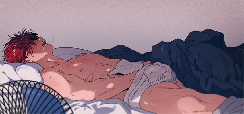1boy, bed sheet, boxer briefs, clothes pull, collarbone, commentary request, korean commentary, lemonmelon00, lying, male, male focus, male masturbation, male only, male underwear, masculine, masturbation, masturbation under clothes, nipples, on back, on bed, open mouth, pants, pants pull, pillow, red hair, sakuragi hanamichi, short hair, slam dunk, solo, sweat, topless male, underwear, white male underwear