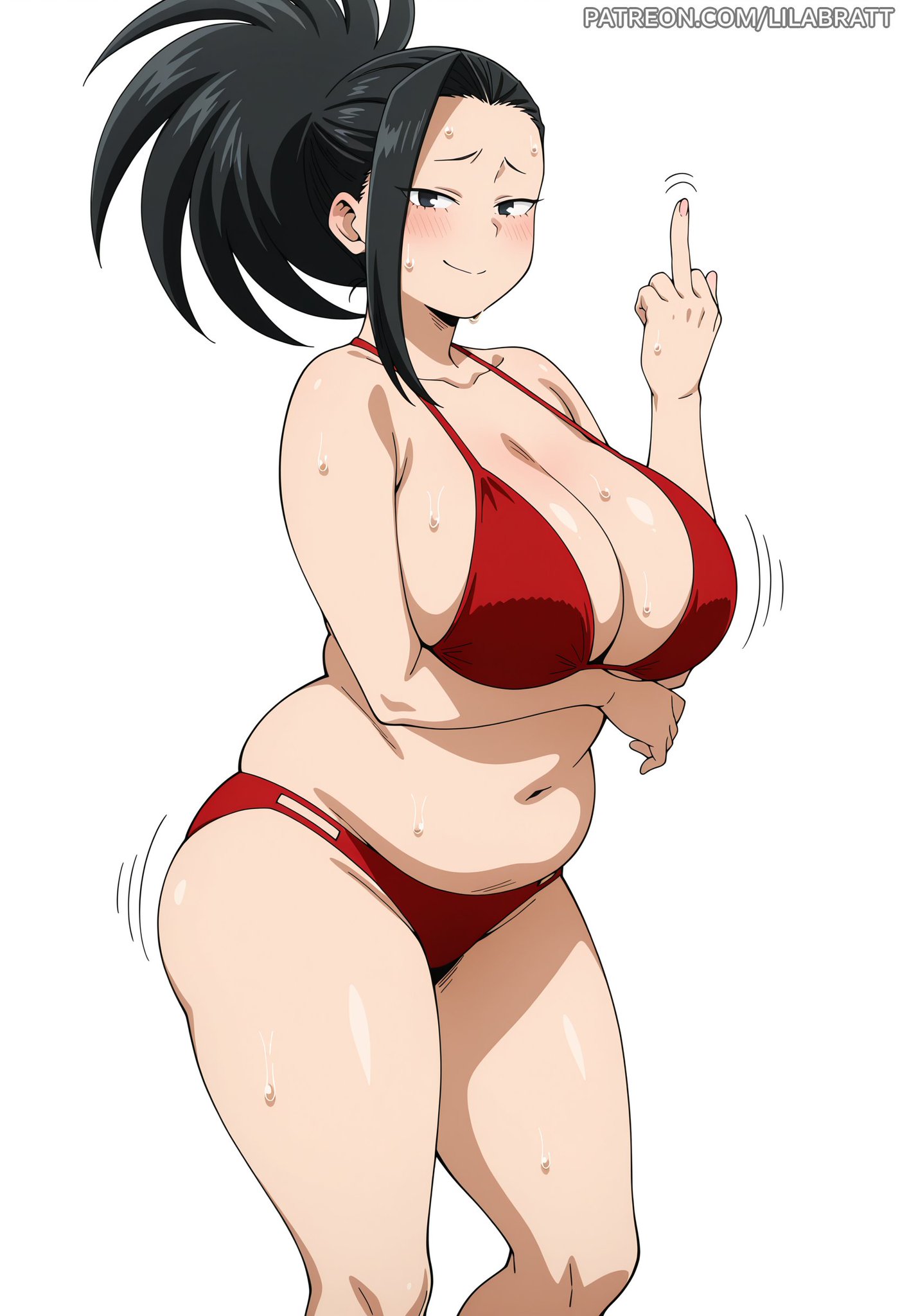1girls, ai generated, bikini, black hair, blush, breasts, chubby, chubby belly, chubby female, female, female only, flipping off, high ponytail, huge breasts, large breasts, lilabratt, middle finger, momo yaoyorozu, my hero academia, navel, pale skin, pale-skinned female, ponytail, red bikini, sweat, sweaty, teenage girl, teenager, thick thighs, white background