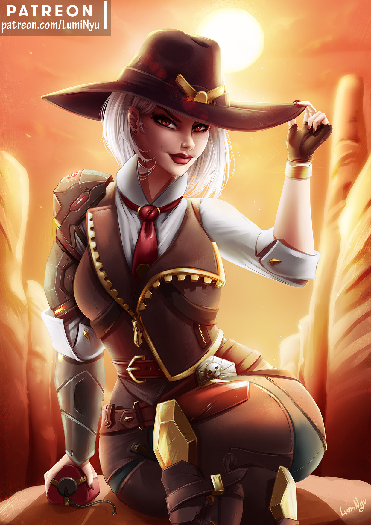 1girls, 2018, 2d, ashe (overwatch), ass, big ass, blizzard entertainment, breasts, brown eyes, clothed, clothing, cowboy hat, crossed legs, female, female focus, female only, hat, luminyu, makeup, mole above mouth, overwatch, red eyes, red lipstick, short hair, solo, solo focus, sunset, thick thighs, thighs, white hair