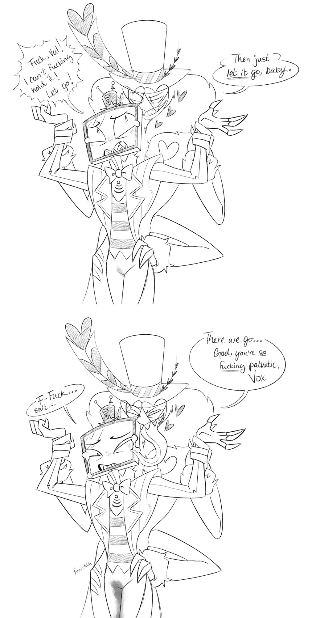 2boys, begging, crying, dacryphilia, degradation, dialogue, ectochoir, embarrassed, english text, gay, hazbin hotel, hellaverse, holding wrists, humiliation, licking face, male only, mumbocumbo, omorashi, peeing, pissing self, restrained, tears, tongue, tongue out, valentino (hazbin hotel), vox (hazbin hotel), wetting, yaoi