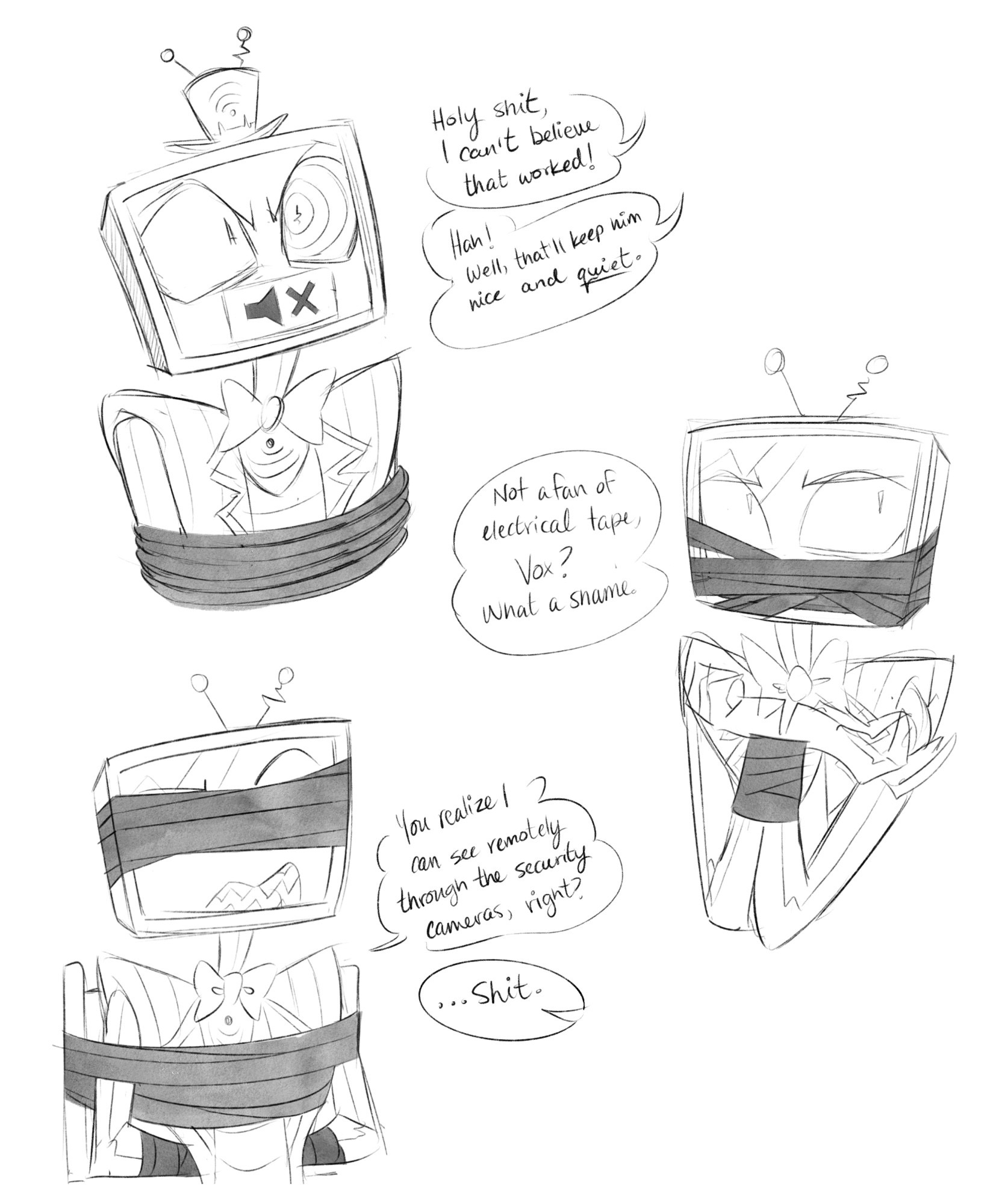 1boy, angry, blindfold, bondage, dialogue, ectochoir, english text, fully clothed, furrowed brow, gag, gagged, hands tied, hazbin hotel, hellaverse, kidnapped, male, male only, mumbocumbo, mute, offscreen character, solo, solo male, tape gag, taunting, tied hands, vox (hazbin hotel)