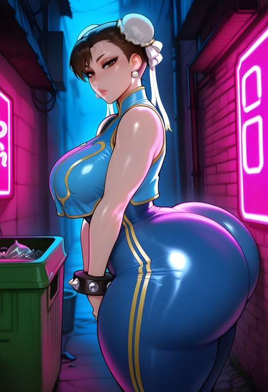 ai generated, ass bigger than head, chun-li, dreamcoreart, large ass, large breasts, looking at viewer, street fighter, sweatpants, thick thighs