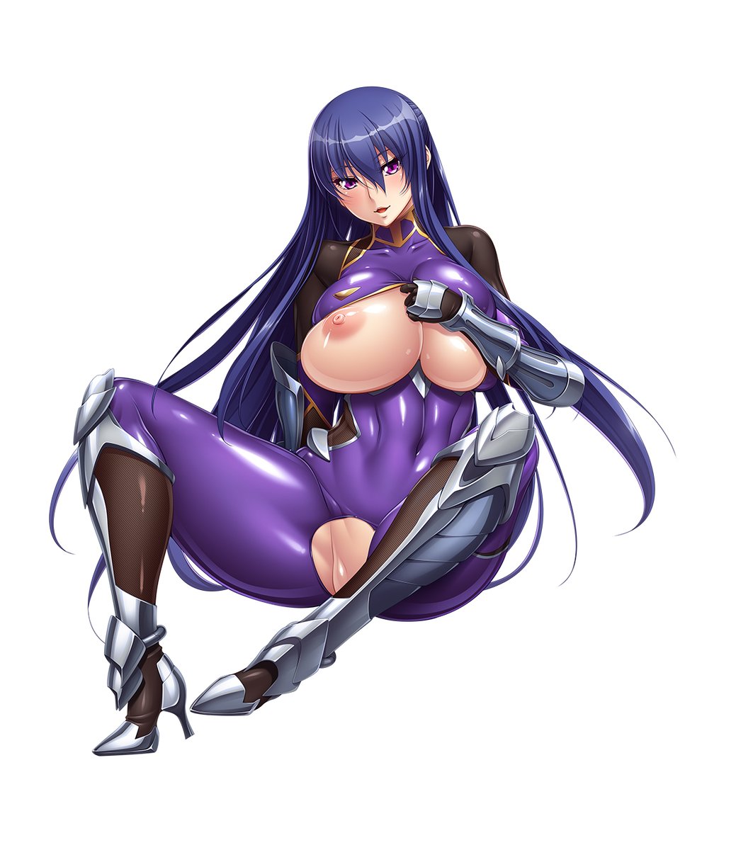 akiyama_rinko aoi_nagisa_(metalder) bodysuit boots breast_press breasts curvy female female_only holding holding_weapon huge_breasts katana lilith-soft long_hair looking_at_viewer nipple nipple_slip nipples official_art shiny shiny_hair shiny_skin simple_background sitting solo sword taimanin_(series) taimanin_yukikaze thighs weapon white_background