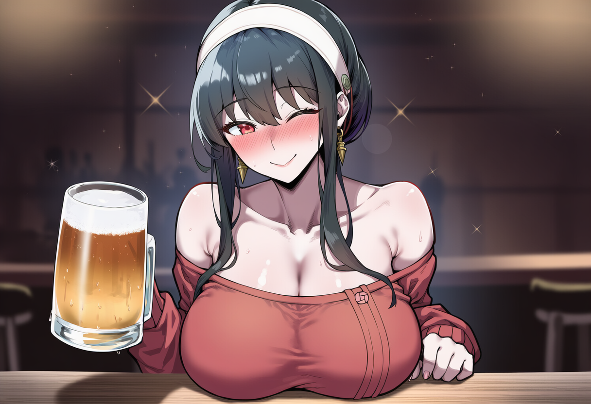 ;), 1boy, 1boy1girl, 1girl1boy, 1girls, ai assisted, ai generated, alcohol, bare shoulders, beer, beer mug, black hair, blush, breast rest, breasts, cleavage, collarbone, cup, dress, drunk, earrings, female, hairband, holding, holding cup, jewelry, large breasts, long hair, long sleeves, looking at viewer, mug, nay juno, nose blush, off shoulder, one eye closed, red eyes, red sweater, sexy, sexy pose, sidelocks, smile, solo, spy x family, sweater, upper body, white hairband, yor briar, yor forger