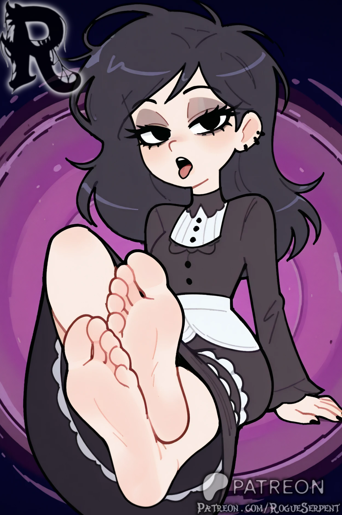 1girls, barefoot, black hair, black nails, dress, feet, feet fetish, feet focus, feet together, feet up, female, foot fetish, foot focus, goth, goth girl, gothic, oc, original, original art, original artwork, original character, original characters, piercing, piercings, rogueserpent, sole female, soles, soles female, soles fetish, solo, solo female, solo focus, toe curl, toe scrunch, toes, toes scrunch, toes spread, toungue out