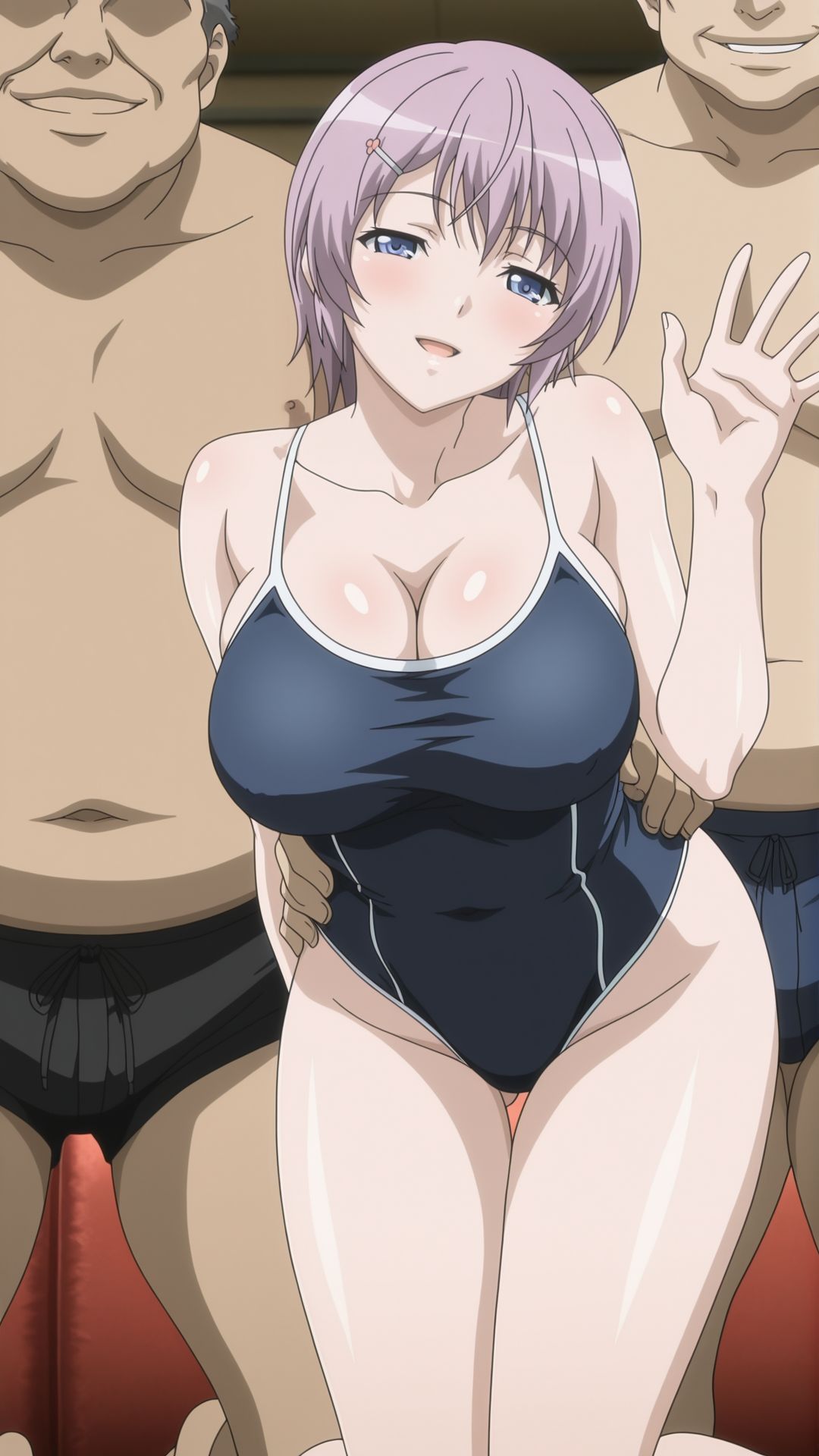 1girls, 2boys, about to have sex, accurate art style, ai generated, alternate costume, bare back, bare shoulders, bare thighs, big ass, big breasts, blue eyes, blush, boxers, boxers (clothing), butt crack, competition swimsuit, couch, cuckold, cuckold pov, curvaceous, curvy, curvy body, curvy female, curvy figure, facing viewer, faithful to the anime, female, female focus, from behind, front view, grabbing from behind, hair ornament, hairclip, head tilt, height difference, high resolution, highleg, highleg one-piece swimsuit, highleg swimsuit, huge ass, ichinose anna, imminent sex, imminent threesome, larger male, legs together, male, multiple boys, naughty, naughty face, naughty smile, netorare, ntr, official alternate costume, one-piece swimsuit, overweight, overweight male, petite, pinup, presenting, presenting breasts, purple hair, ran sem, ran sen hakudaku delmo tsuma no miira tori, rin x sen + ran - sem cross mix, round ass, school swimsuit, shirtless, short hair, size difference, slim waist, smaller female, smile, standing, swimsuit, teen, teenage girl, teenager, thick ass, thighs, tight clothing, underwear, viewed from behind, waist grab, waving, waving hand, wedgie, wide hips