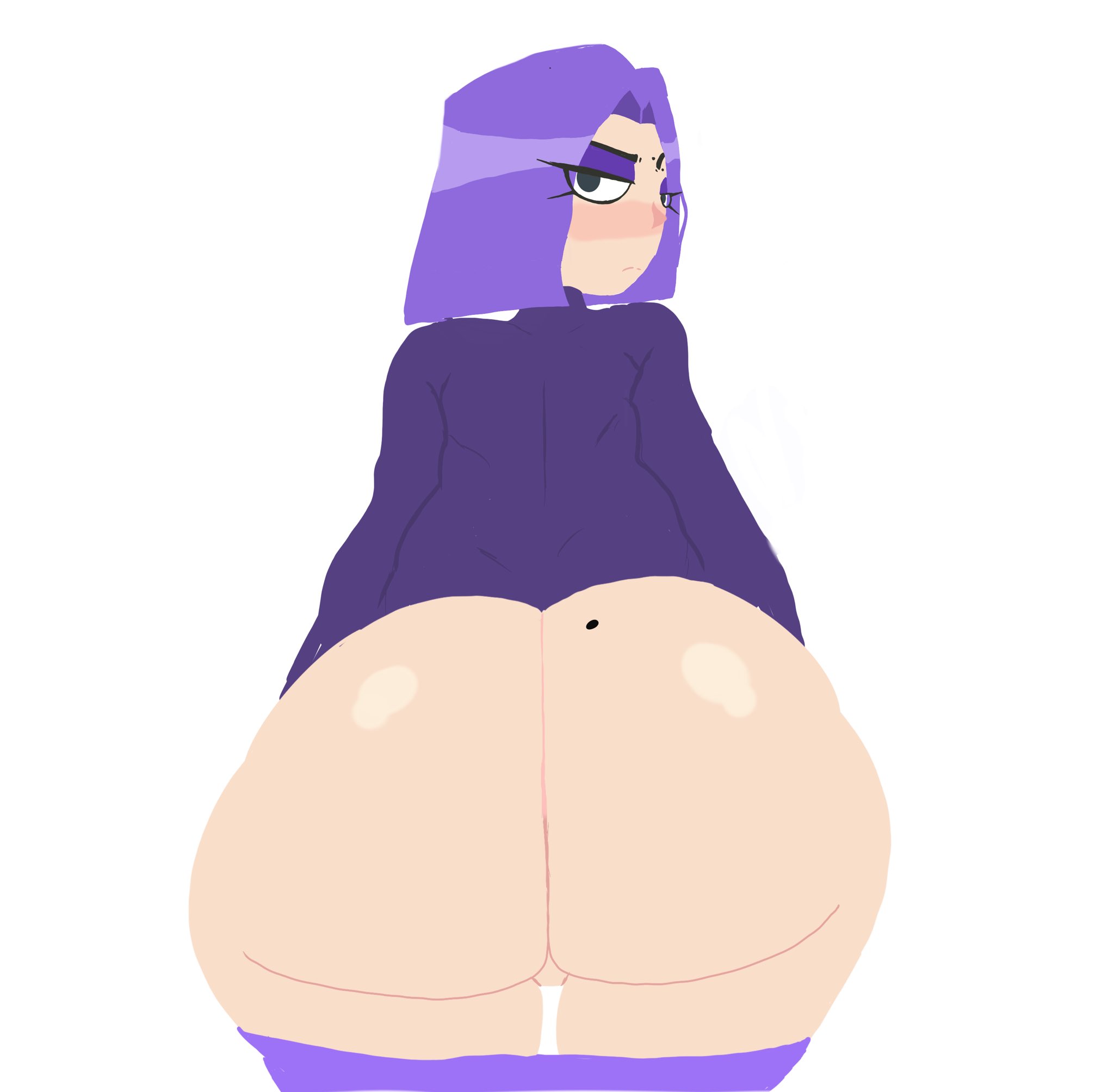 1girls, ass, bottom heavy, bottomless, duolingo, female, frown, lily (duolingo), looking back, mole, mole on ass, pants down, purple hair, spicymoji, thick thighs