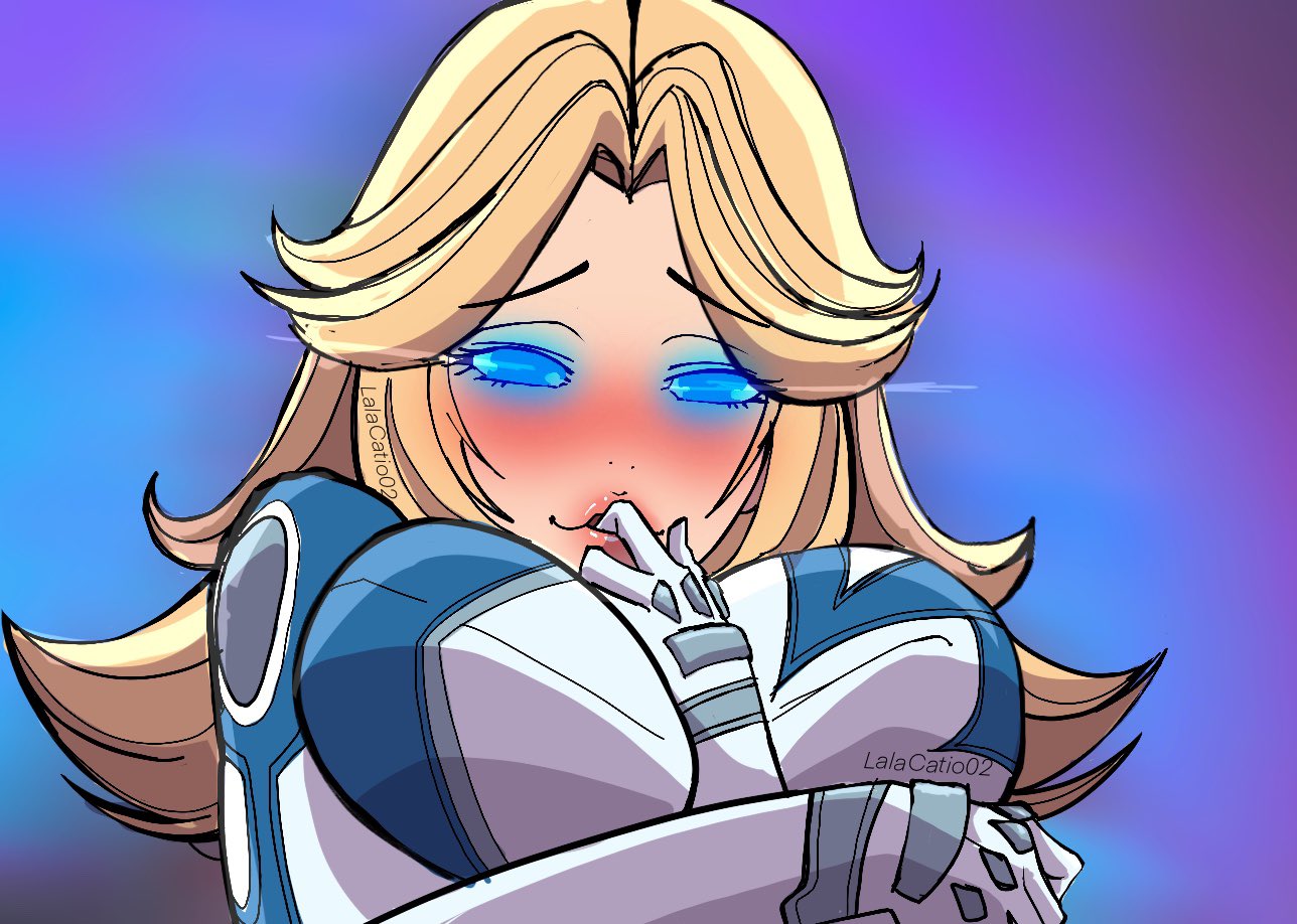 2d, arm between breasts, arm under breasts, big breasts, biting finger, blonde female, blonde hair, blue eyes, blush, breasts, fantastic four, female, female only, finger in mouth, finger in own mouth, fully clothed, glowing eyes, hand between breasts, invisible woman, invisible woman (marvel rivals), lalacatio02, marvel, marvel rivals, solo, solo female, sue storm