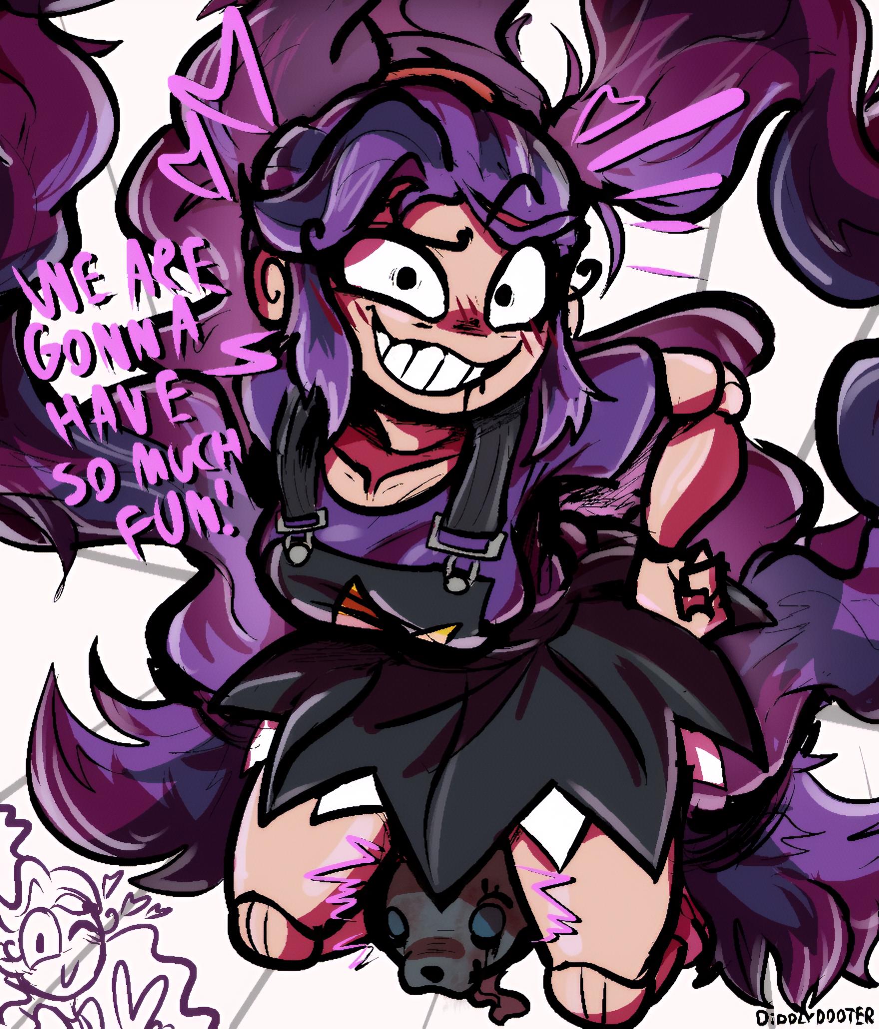 1female, 1girls, 2026, 2026s, 2d, 2d (artwork), 2d artwork, animate inanimate, artist name, artist signature, big breasts, black eyes, black overalls, black skirt, braid, braided hair, braided ponytail, braids, breasts, candy cat (poppy playtime), clothed, clothed female, clothing, crazy, crazy smile, dialogue, diddlydooter1, digital art, digital drawing, digital drawing (artwork), digital media, digital media (artwork), digital painting, digital painting (artwork), doll, doll girl, doll joints, english, english dialogue, english text, eyelashes, felid, feline, felis, female, female focus, female only, hair, hand on hip, head between thighs, humanoid, humanoid female, kneeling, lily lovebraids, living toy, long hair, looking at viewer, mob entertainment, mob games, no nose, on knees, overalls, poppy playtime, poppy playtime (chapter 5), purple clothing, purple hair, purple shirt, purple text, shiny hair, shirt, simple background, skirt, smile, smiling, smiling at viewer, solo, solo female, solo focus, star (symbol), suspenders, teeth, text, thighs, toy, very long hair, video games