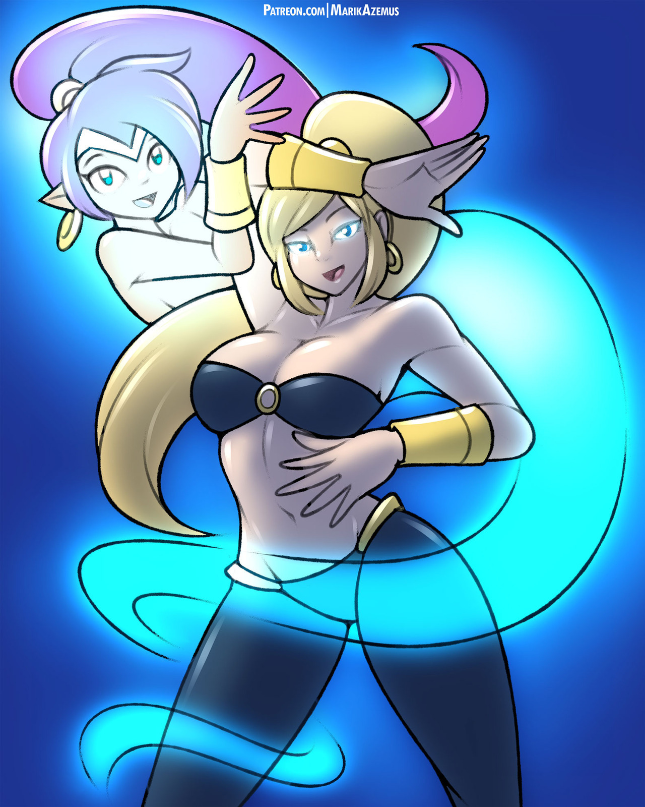 2girls, abs, absurdres, arabian clothes, blonde hair, blue background, blue eyes, bracelets, breasts, cleavage, earrings, female, female only, genie, ghost, gold, happy, harem outfit, highres, jewelry, large breasts, long hair, looking at viewer, marik azemus34, metroid, multiple females, multiple girls, navel, nintendo, ponytail, pose, posing, possession, purple hair, samus aran, shantae, shantae (character), sideboob, sidelocks, smile, smooth skin, spirit, super smash bros., tights, toned, wristband