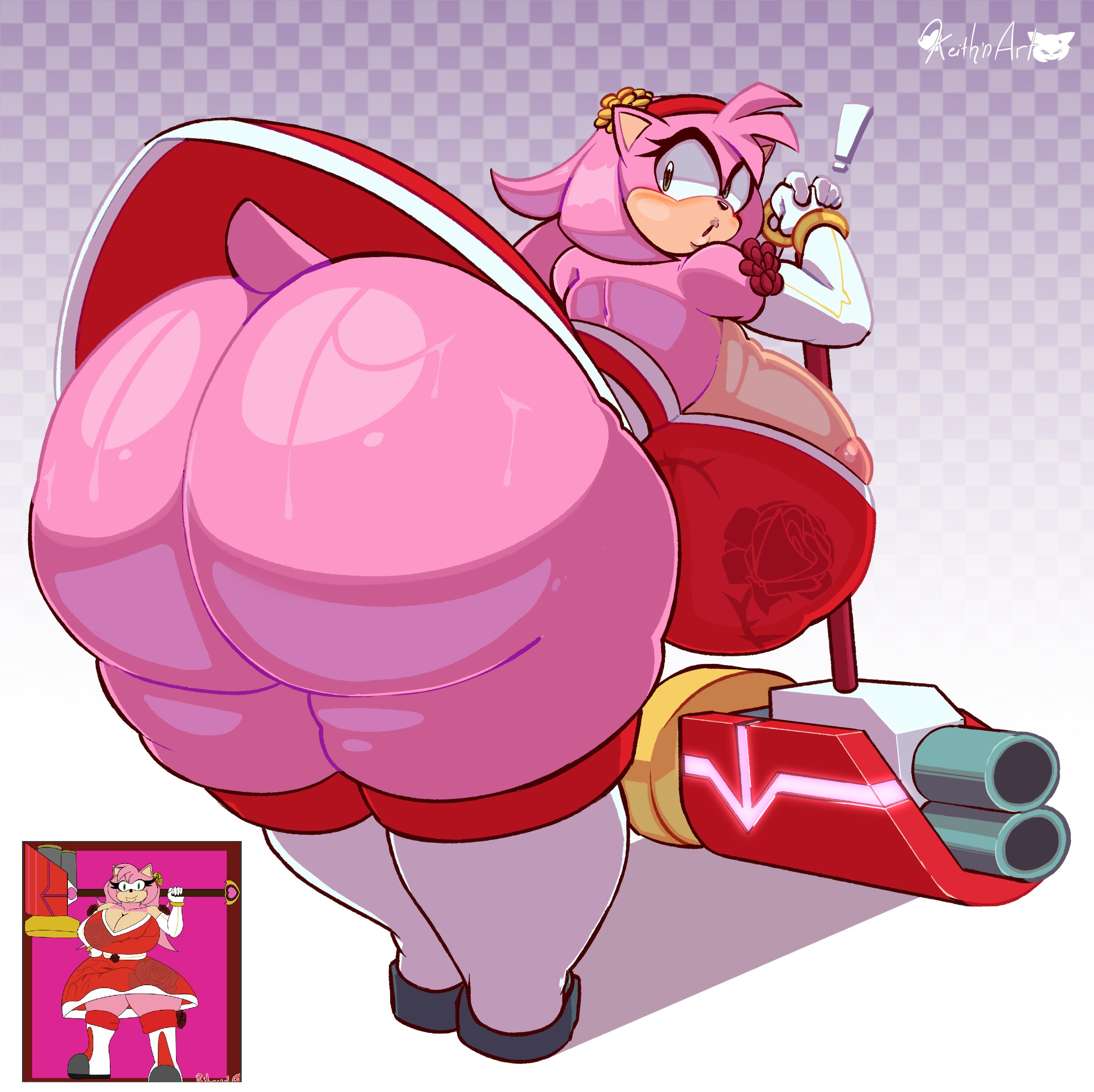 1girls, amy rose, anthro, ass, big ass, big breasts, breasts, female, female focus, female only, gabartz, hammer, huge ass, huge breasts, large ass, large breasts, long hair, looking at viewer, looking back, pink fur, solo, sonic (series), thick thighs, thighs, upskirt, wide hips