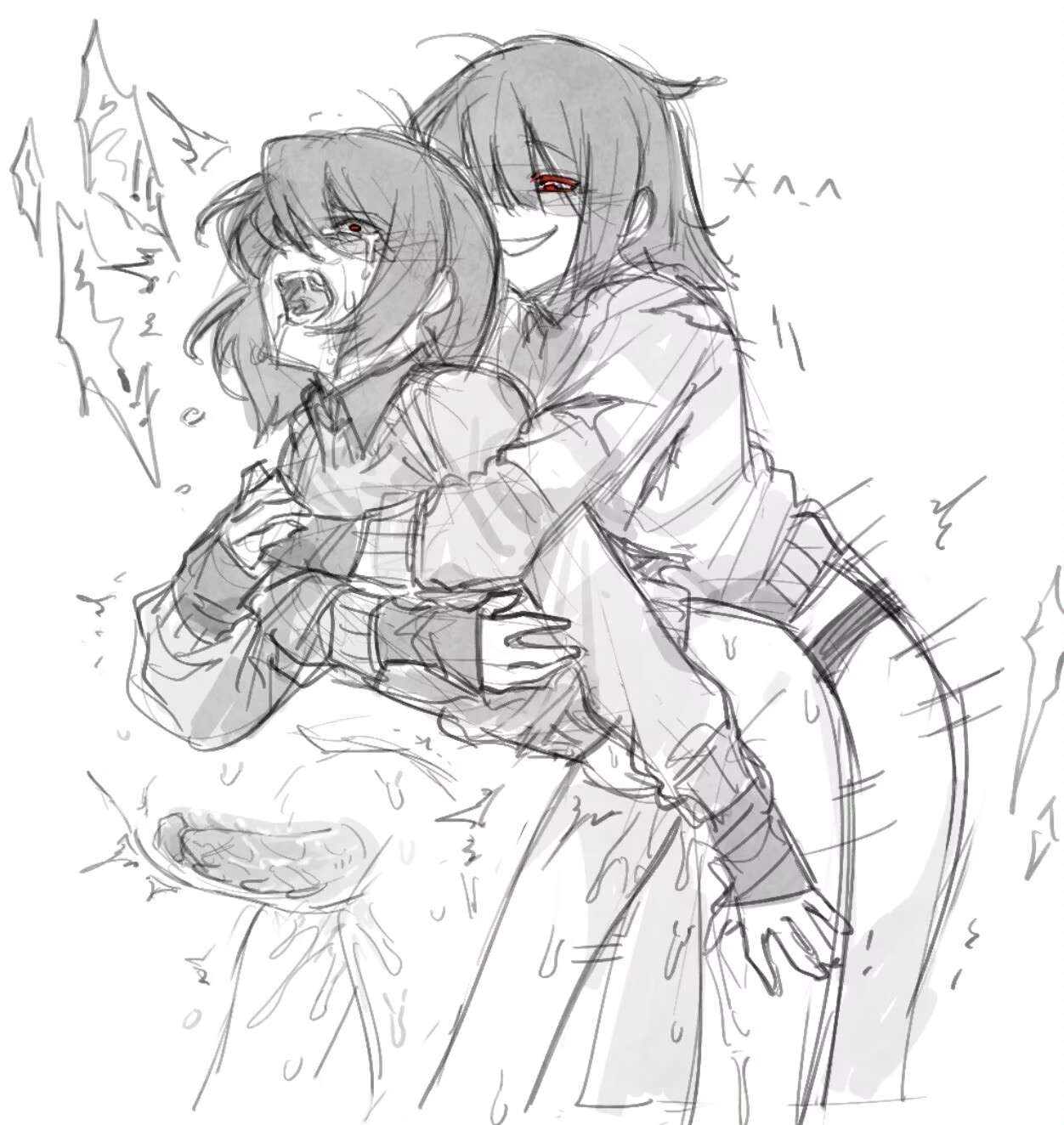 2girls, deltarune, dominant, domination, female only, female rapist, from behind position, hugging from behind, in pain, kris (deltarune), kris female (deltarune), lesbian, lesbian sex, pain keeper, rape, rough sex, sex toy, sex toy insertion, smiling, vaginal penetration, vessel (deltarune), yuri