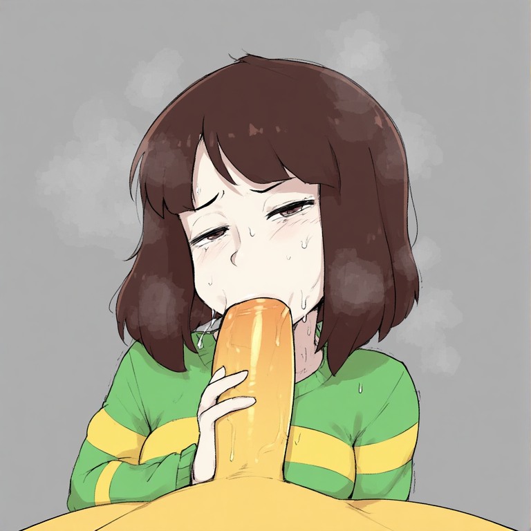 1boy, 1girls, adult, ai generated, big penis, blowjob, blue eyes, blush, bob cut, brown hair, chara, charisk, dress, duo, female chara, frisk, gradient background, male frisk, pale skin, short hair, srimbievil58, steam, sweat, undertale, undertale (series), veiny penis, video games, yellow skin
