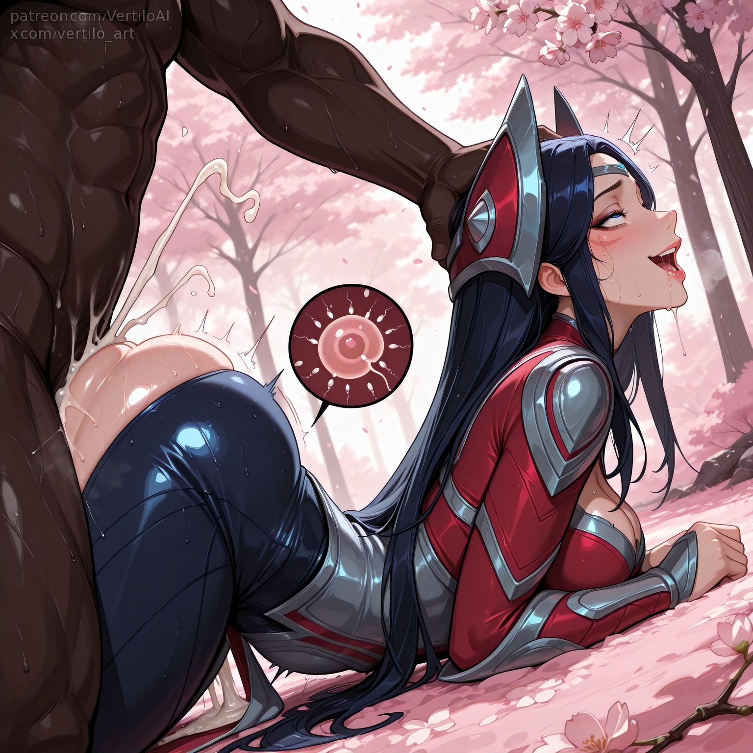 1boy, 1girls, ai generated, ass ripple, cum, cum inside, dark skin, dark-skinned male, doggy style, head grab, implied sex, impregnation, irelia xan, league of legends, rolling eyes, smile, top-down bottom-up, vertiloart