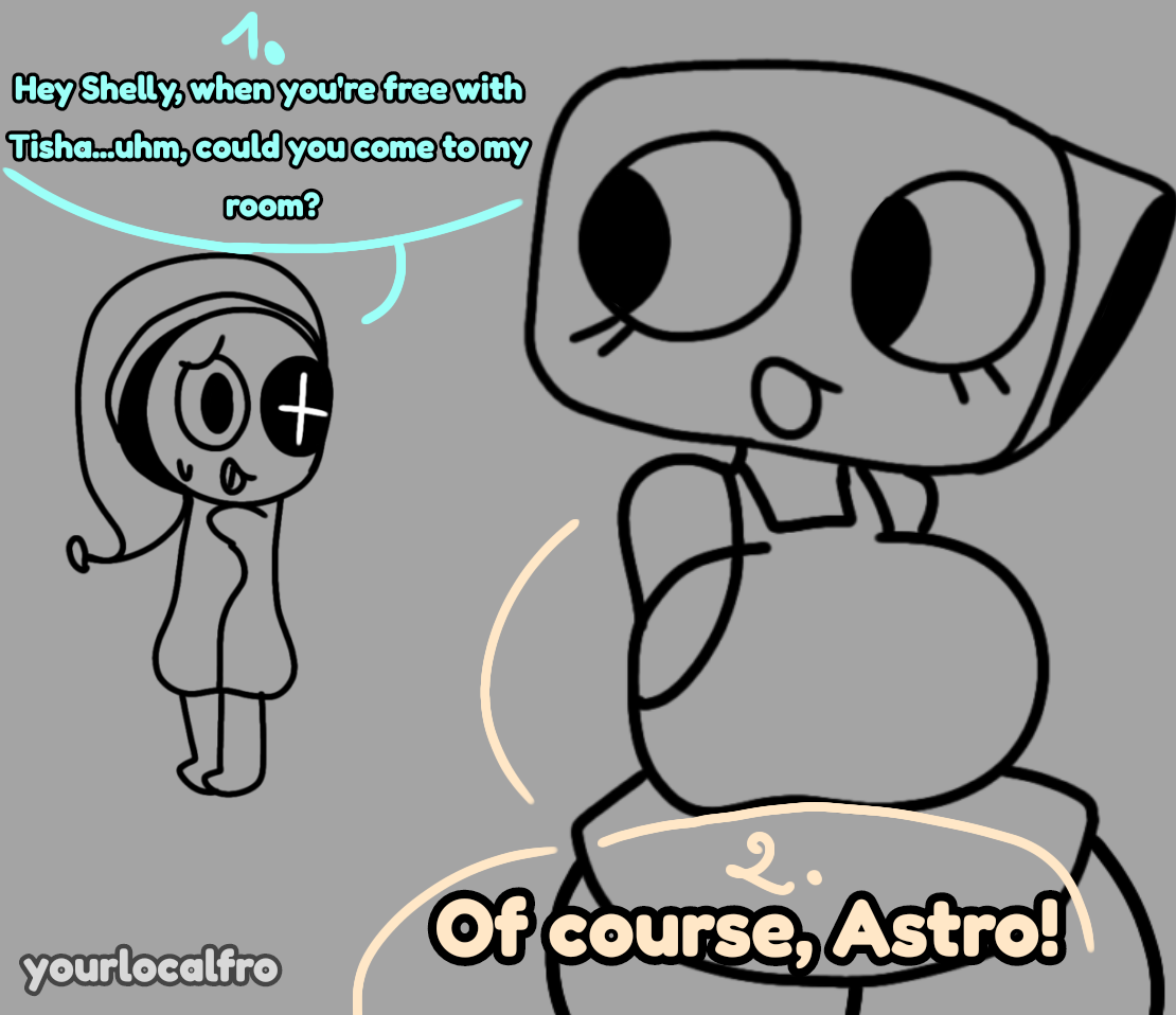 1boy, 1boy1girl, 1girls, astro (dandy's world), big breasts, conversation, curvy, curvy body, curvy female, curvy figure, dandy's world, dressed female, english, english dialogue, female, gray background, happy female, male, male/female, moon, moonshell (ship), nervous expression, nervous face, nervous smile, nervous sweat, roblox, shell, shelly (dandy's world), sketchbook, speech bubble, tagme, text bubble, textless, thicc breasts, thick thighs, video game character, video game franchise, voluptuous, voluptuous female, yourlocalfro