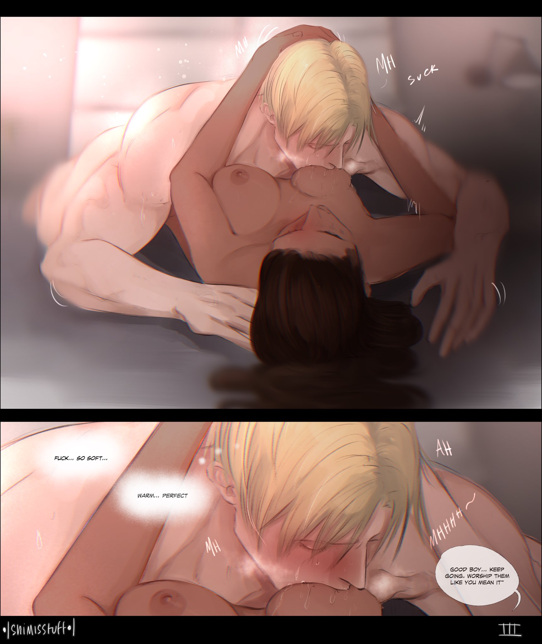 1boy, 1girls, blush, breast sucking, breast worship, closed eyes, completely nude, dark-skinned female, english text, holding head, jujutsu kaisen, kento nanami, long hair, shimisstuff, sucking, sucking breasts, sweat, tagme