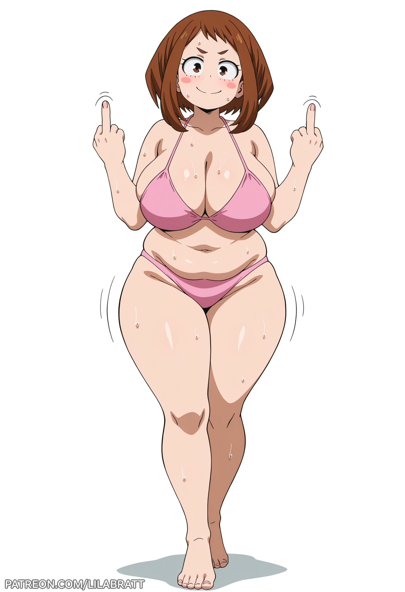 1girls, ai generated, bikini, breasts, brown eyes, brunette hair, cheek markings, chubby, chubby belly, chubby female, double middle finger, female, female only, flipping off, huge breasts, large breasts, lilabratt, middle finger, my hero academia, navel, ochako uraraka, pale skin, pale-skinned female, pink bikini, shoulder length hair, small eyebrows, sweat, sweaty, teenage girl, teenager, thick thighs, white background, wide hips