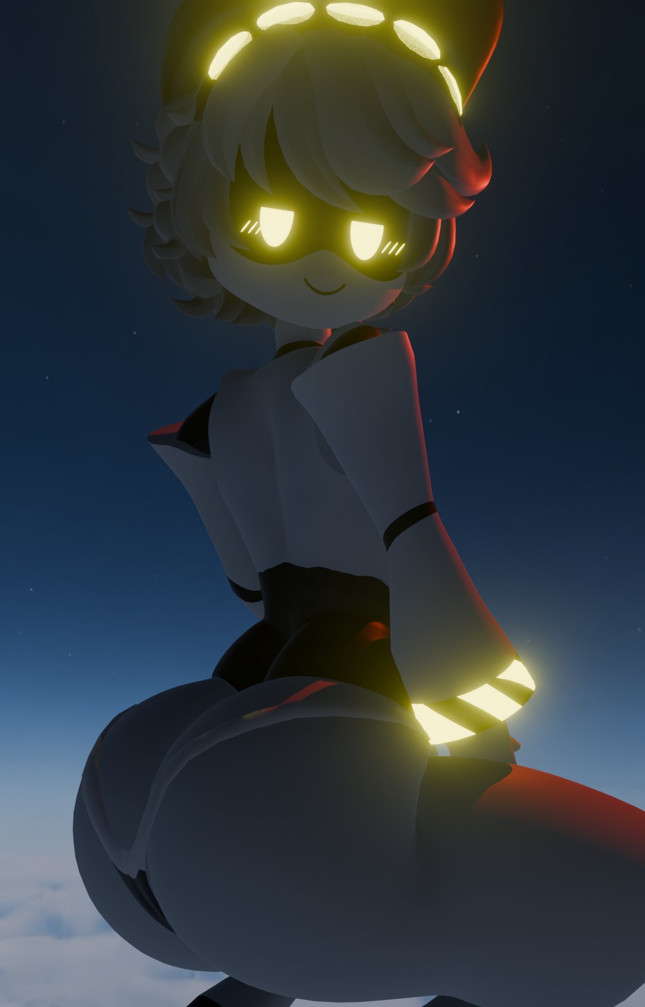 3d, ass focus, big butt, blush, crouching, femboy, looking at viewer, looking back, male, male only, murder drones, n (murder drones), smile, smug expression, wide hips