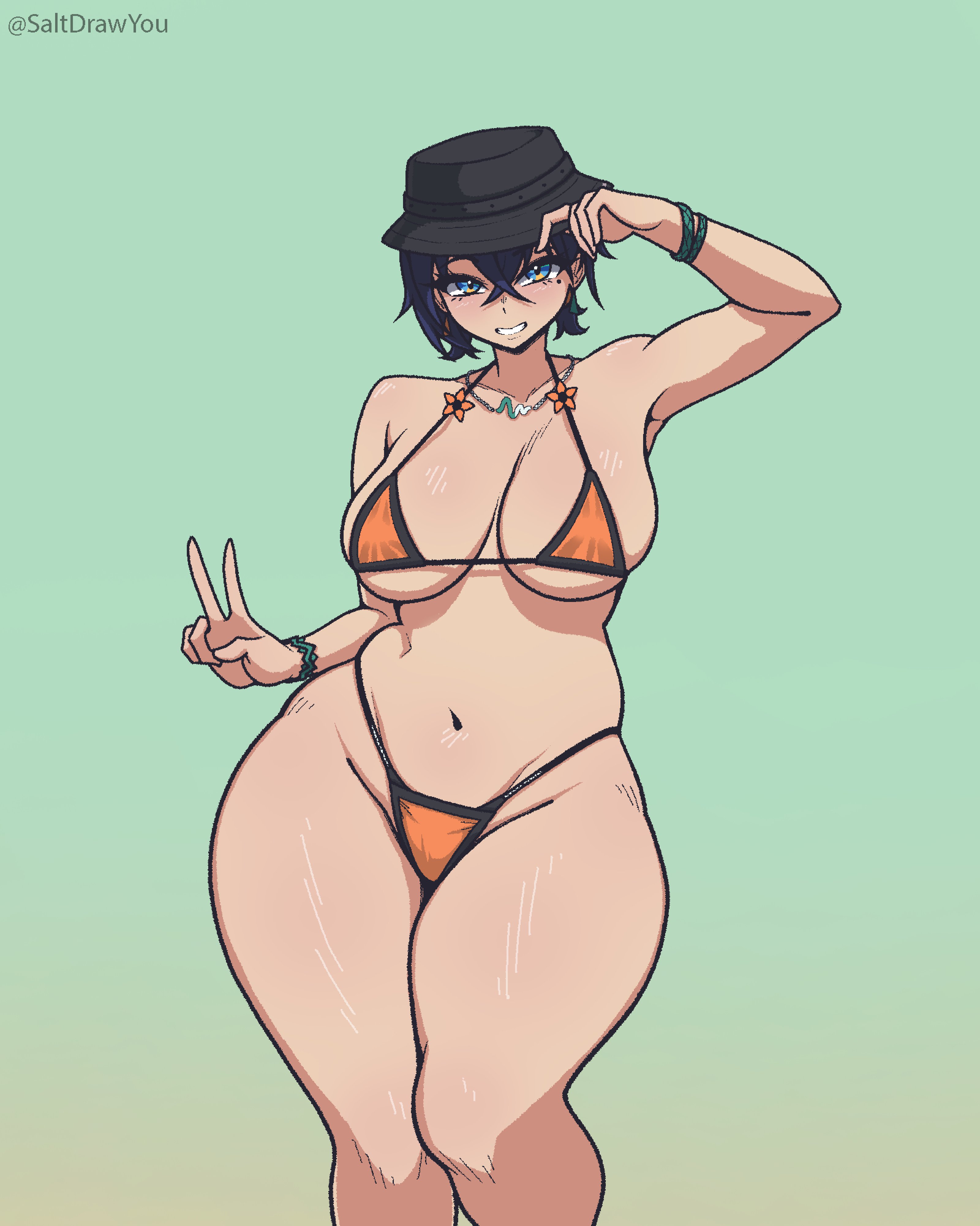 1girls, absurd res, alternate costume, ass, ass focus, ass visible through thighs, belle (summer skies) (zenless zone zero), belle (zenless zone zero), big breasts, breasts, bucket hat, female, female focus, female only, gradient background, highres, large breasts, light skin, light-skinned female, official alternate costume, saltdrawyou, short hair, simple background, solo, thick thighs, thighs, wide hips, zenless zone zero
