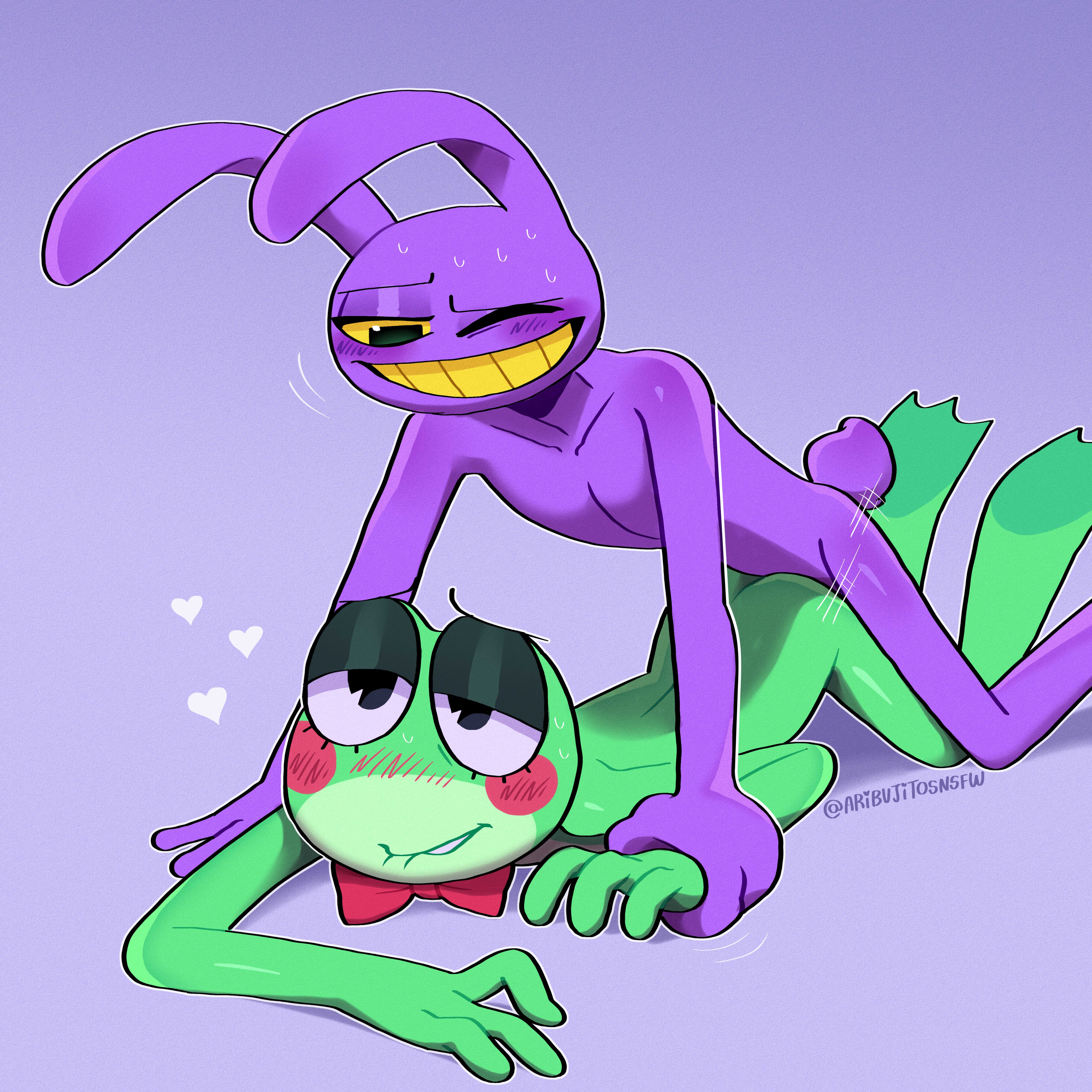 1boy, 1girls, amphibian, anthro, ari dibujitos, aribujitosnsfw, ass, blush, bowtie, female, frog, glitch productions, jax (the amazing digital circus), lagomorph, male, male/female, mostly nude, neckwear, neckwear only, nude, one eye closed, rabbit, ribbit (the amazing digital circus), sex, sweat, teeth, the amazing digital circus, vaginal, vaginal penetration, vaginal sex