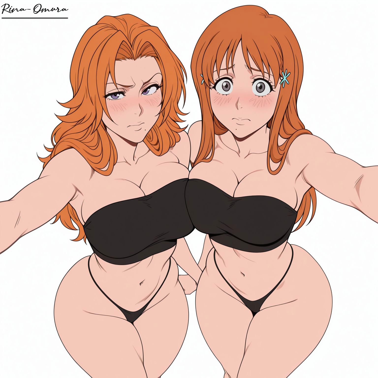 2girls, ai assisted, ai generated, belly button, bikini, bleach, blush, breasts against chest, breasts squeezed together, curvaceous, curvy body, curvy figure, embarrassed, embarrassed expression, embarrassed female, hairclip, inoue orihime, large breasts, lingerie, lingerie only, long hair, matsumoto rangiku, milf, orange hair, rina-omura, slim waist, tagme, teenager, thick ass, thick thighs, thong, thong bikini, viewed from above, voluptuous, voluptuous body, voluptuous female, white background, wide hips
