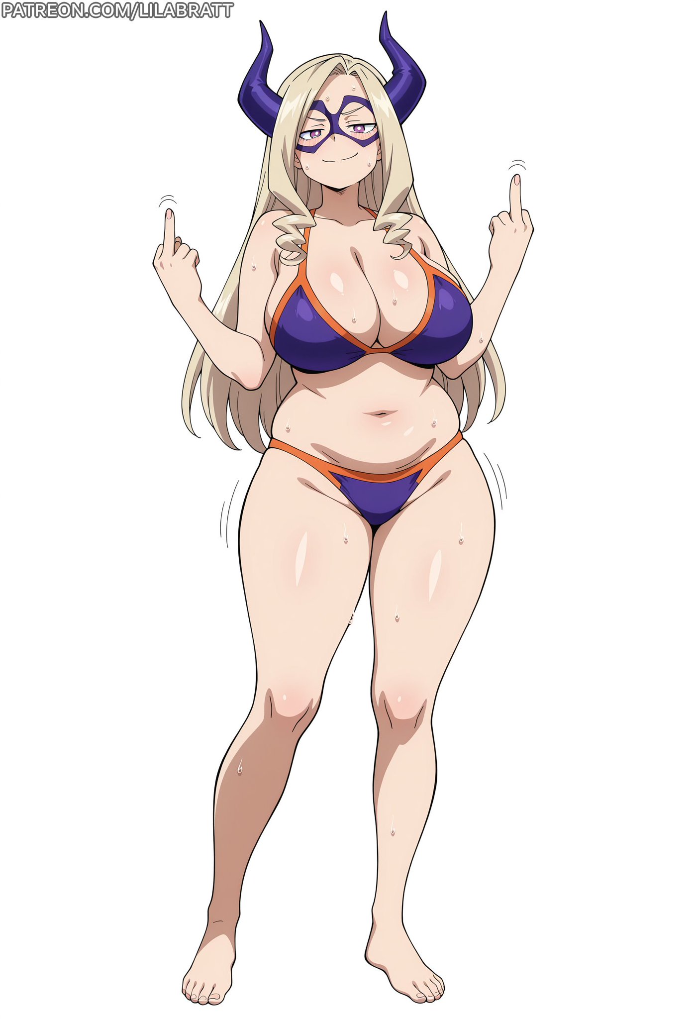 1girls, ai generated, bikini, breasts, cleavage, double middle finger, eyemask, female, female only, flipping off, horns, huge breasts, large breasts, lilabratt, long hair, middle finger, milf, mount lady, my hero academia, navel, platinum blonde hair, purple bikini, purple eyes, sweat, sweaty, teacher, thick thighs, voluptuous, voluptuous female, white background, yuu takeyama