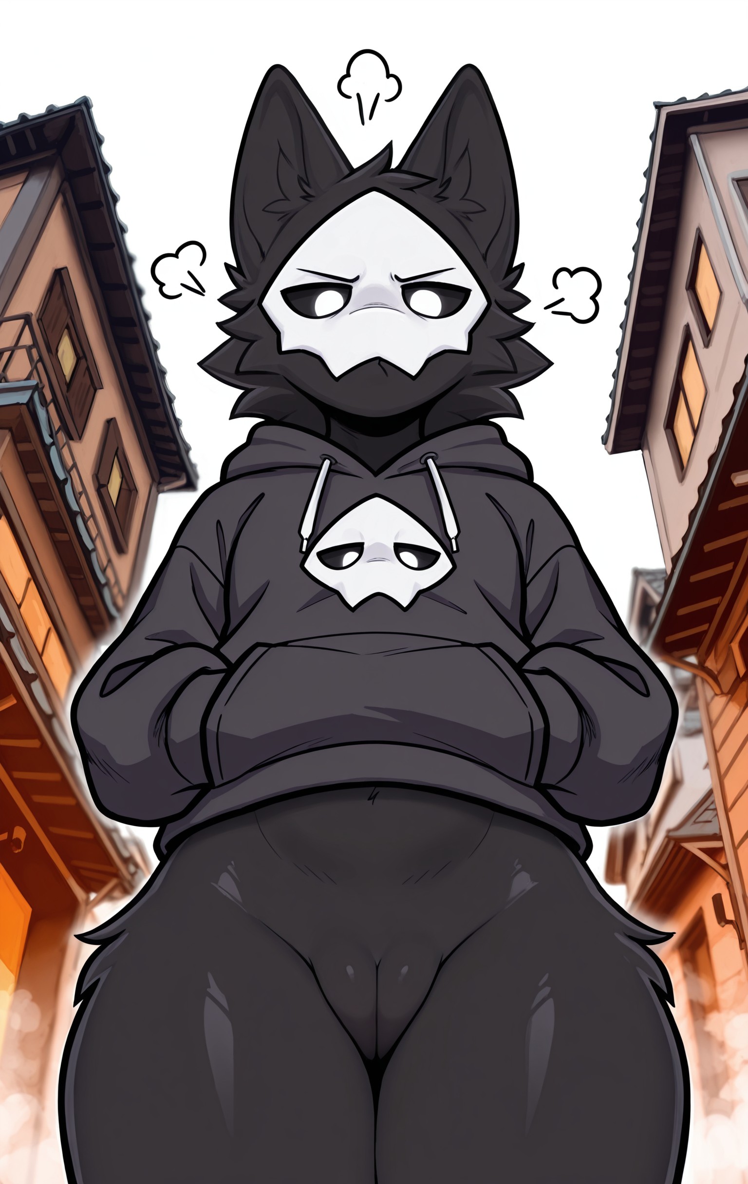 1girls, 2026, ai generated, annoyed, annoyed expression, anthro, black fur, bottomless, bottomless female, changed (video game), curvy female, curvy figure, female, female only, hands in pockets, hi res, hood down, hoodie, inner ear fluff, innie pussy, low-angle view, outdoors, plump labia, puro (changed), pussy, rule 63, thick thighs, white eyes, zonoya (artist)