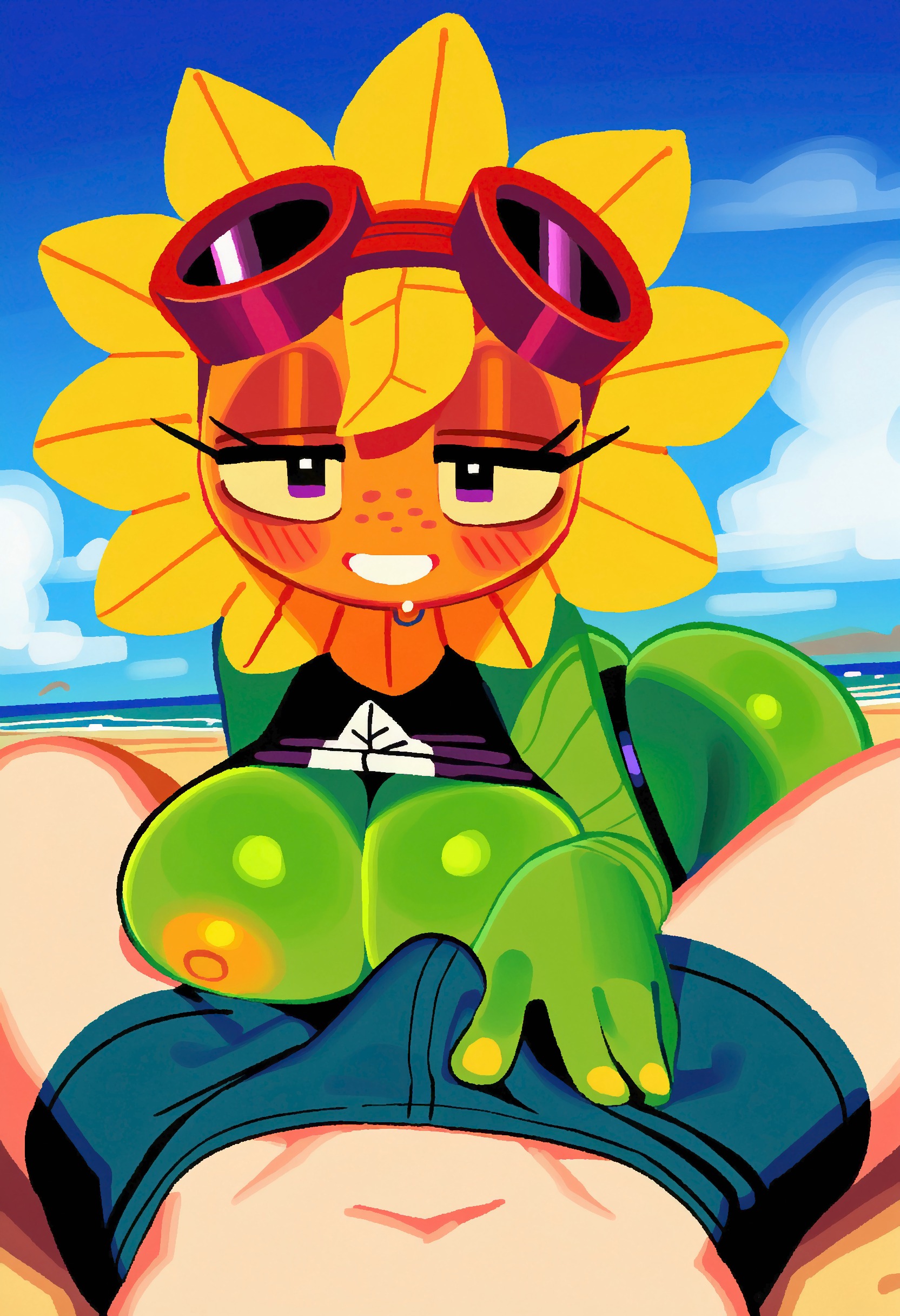 1boy, 1girls, ai generated, beach, blush, breasts, breasts out, bulge, bulge through clothing, curvy, female, flower, freckles, goggles, green body, looking at viewer, losforry custom, male, nipples, plant girl, plantie, plants vs zombies, plants vs zombies: heroes, pov, smile, solar flare (pvz), sunflower (pvz), sweatdrop, tagme, yellow nails, yellow nipples