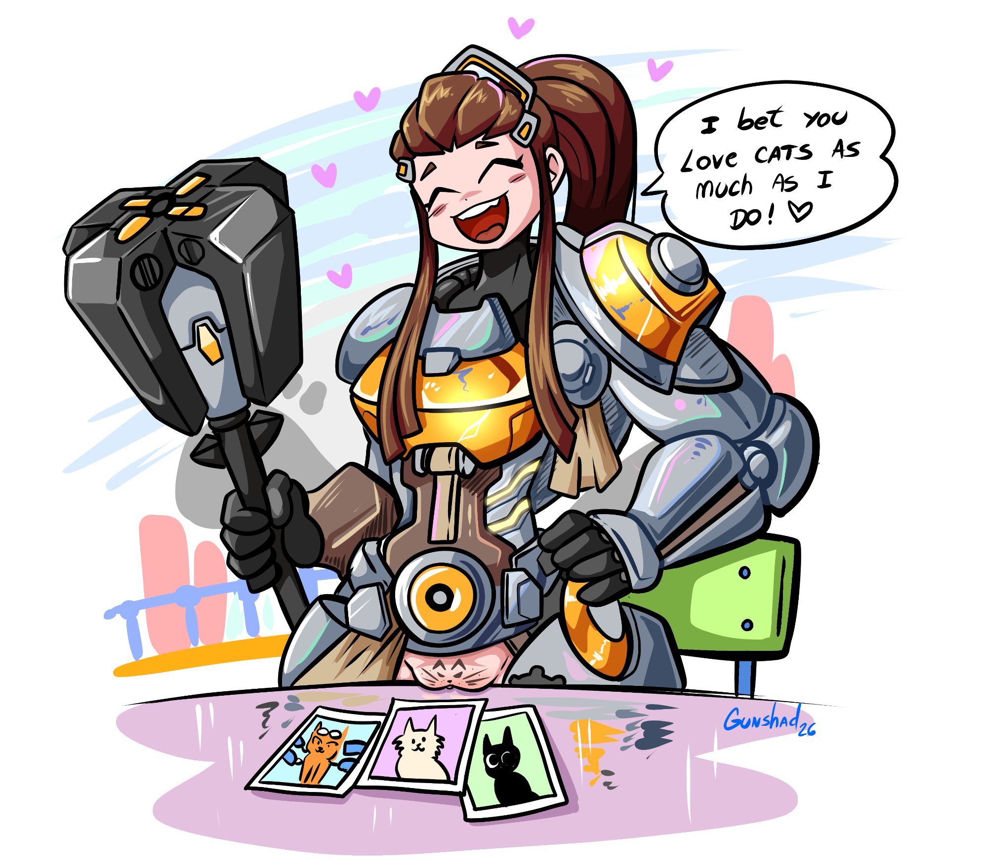 armor, armored female, brigitte, brigitte lindholm, cat photo, cat photos, cute, do you want to pet my cat (meme), feline, gunshad, heart, overwatch, picture, pussy, smile, vagina