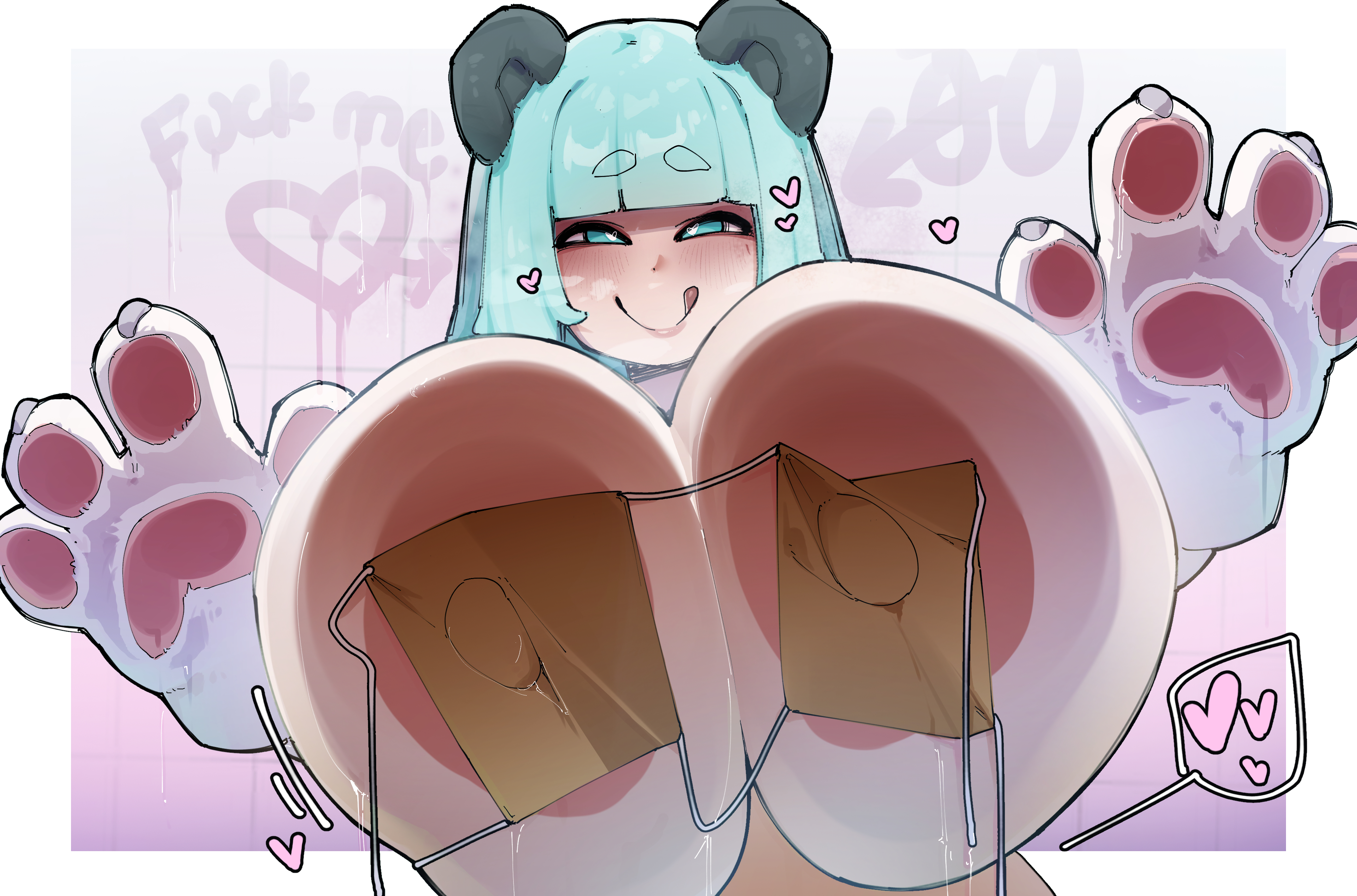 against glass, against surface, animal ears, areolae, big breasts, bikini, bikini top, blue hair, breasts, breasts against glass, breasts bigger than head, crr001, hair, heart, huge breasts, large breasts, nipples, nipples visible through clothing, panaya (snootboot), paws, shower, smile, tongue