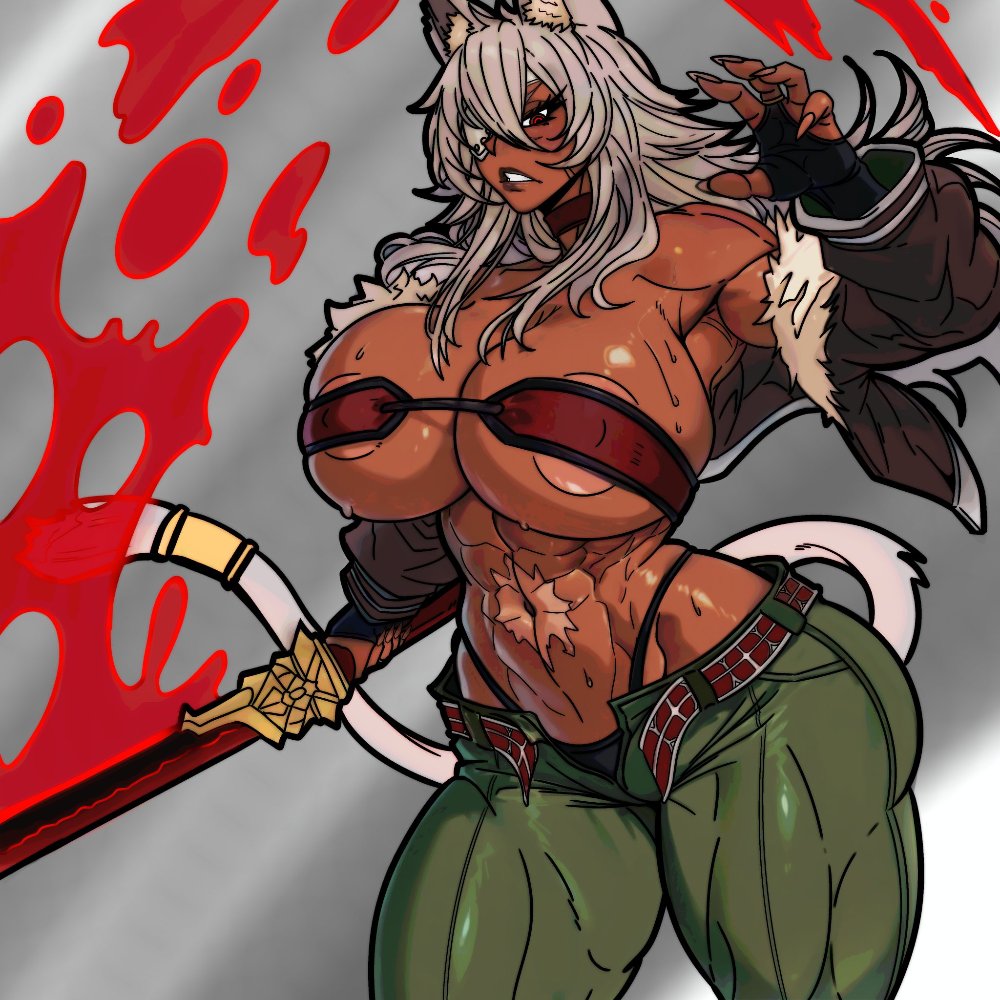 1girls, abs, big areola, breasts bigger than head, cat ears, cat tail, catgirl, choker, covered nipples, dark skin, dark-skinned female, exposed panties, eye patch, female focus, female only, ghislaine dedoldia, huge breasts, long hair, master dcj, mdcj77, muscular, muscular female, muscular thighs, mushoku tensei, nails, one eye covered, pants, scar, skimpy, skimpy clothes, sweat, sweatdrop, thick thighs, thong, thunder thighs, wide hips