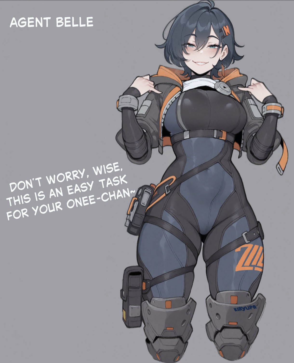 1girls, belle (zenless zone zero), blue hair, blue hair female, boobs, breasts, clothed, clothed female, female, female focus, female only, fully clothed, kiryupa, light skin, light-skinned female, looking at viewer, short hair, short hair female, smile, smiling, smiling at viewer, solo, solo female, solo focus, video game character