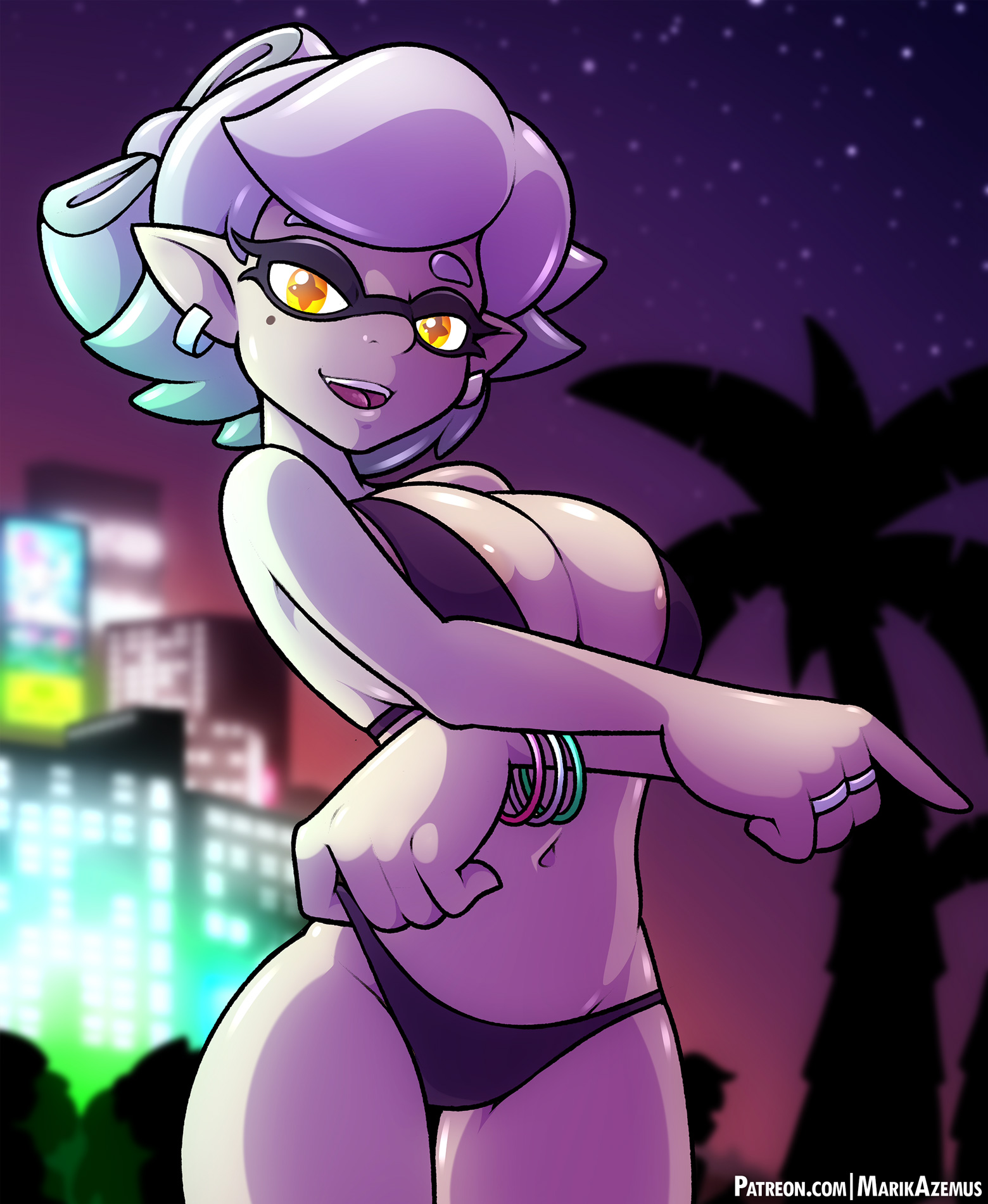 1girls, areola, areola slip, areolae, bare arms, bare legs, bare midriff, bare shoulders, beach, bikini, breasts, city, city lights, cleavage, domino mask, earrings, female, female only, grey hair, inkling, large breasts, looking at viewer, marie (splatoon), marik azemus34, midriff, mole, mole under eye, navel, night, nintendo, pointy ears, ring, rings, seductive, seductive look, seductive smile, short hair, skimpy, smile, solo, splatoon, squid sisters, stars, swimsuit, thick thighs, thighs, tight clothing, tight fit, tugging, yellow eyes