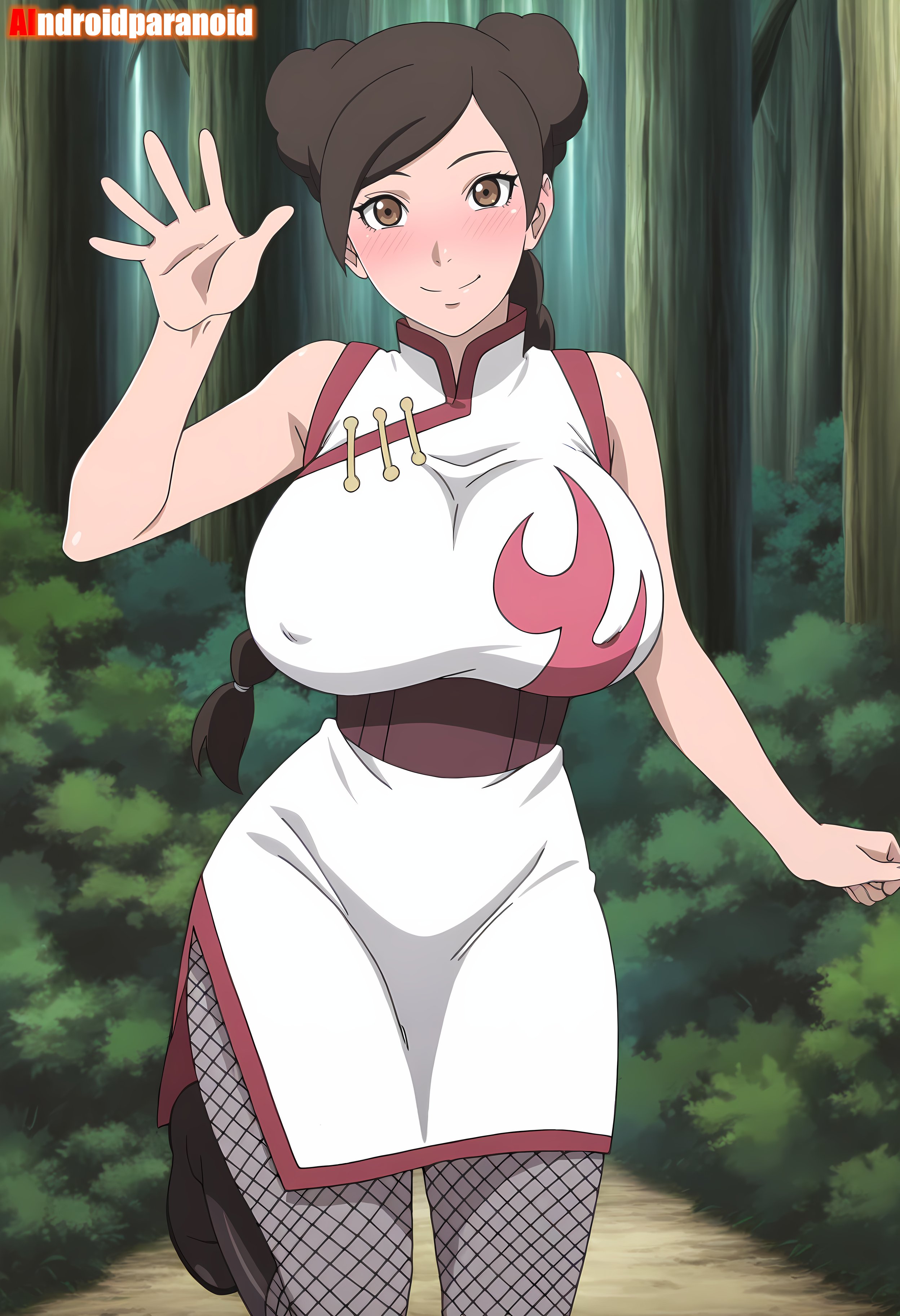 1girls, absurd res, absurdres, ai generated, aindroidparanoid, ass, big breasts, blushing, breasts, brown eyes, brown hair, busty, curvy, female, female only, hair, hi res, hips, huge breasts, human, legs, long hair, looking at viewer, narrow waist, naruto, naruto (series), naruto shippuden, naruto: the last, sleeveless, slim waist, solo, tagme, tenten, thick ass, thick thighs, voluptuous, waist, waving, waving at viewer
