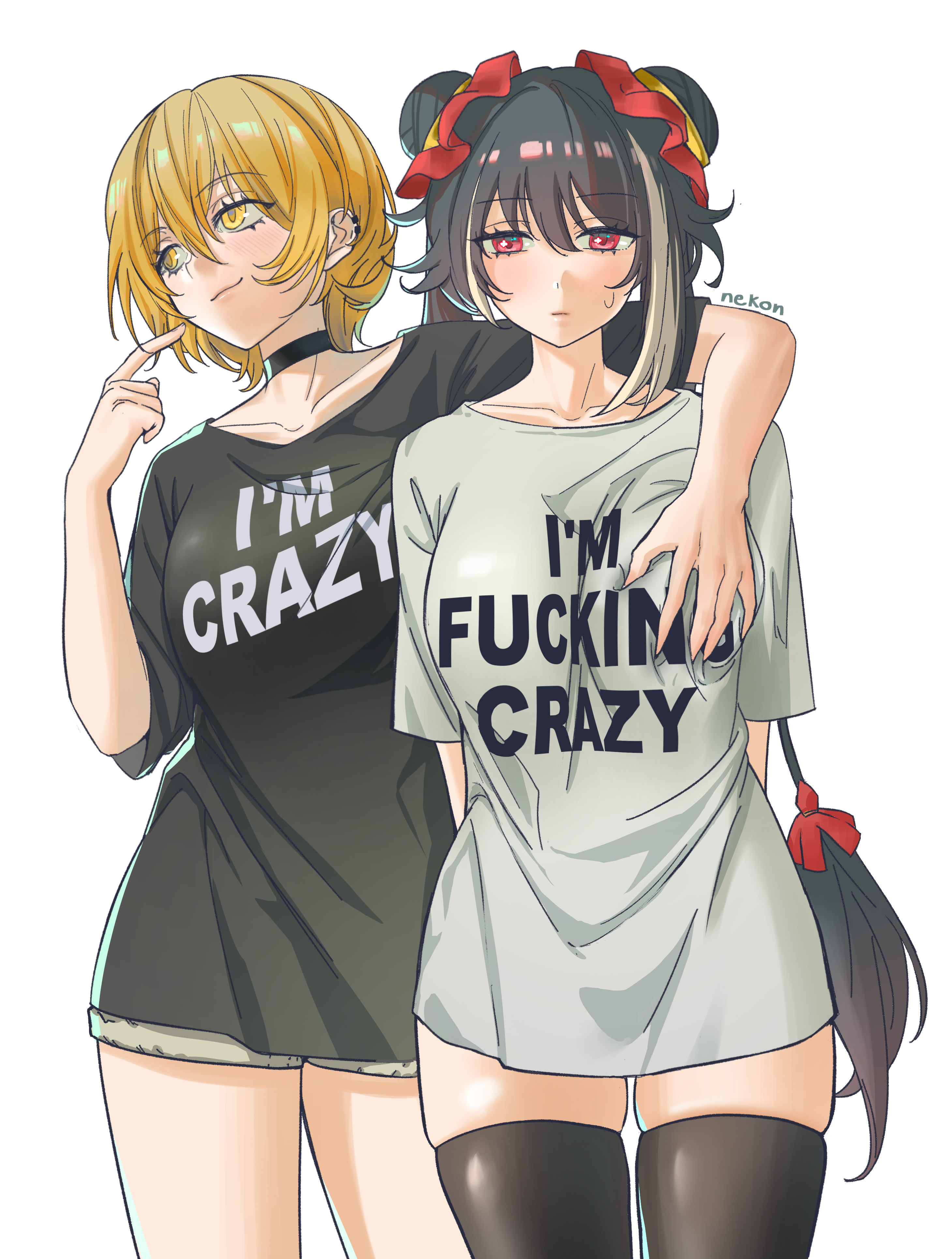 2girls, artist name, black hair, blonde hair, blush, breast grab, breasts, colored hair, don quixote (limbus company), female, hair bun, hair ornament, jia xichun (limbus company), large breasts, lesbian focus, limbus company, long hair, looking at viewer, multicolored hair, multiple girls, nekon (nyanekon), print shirt, project moon, red eyes, shirt, shitpost, short hair, shorts, squeezing, squeezing breast, thighhighs, two colored hair, white background, white hair, yellow eyes, yuri