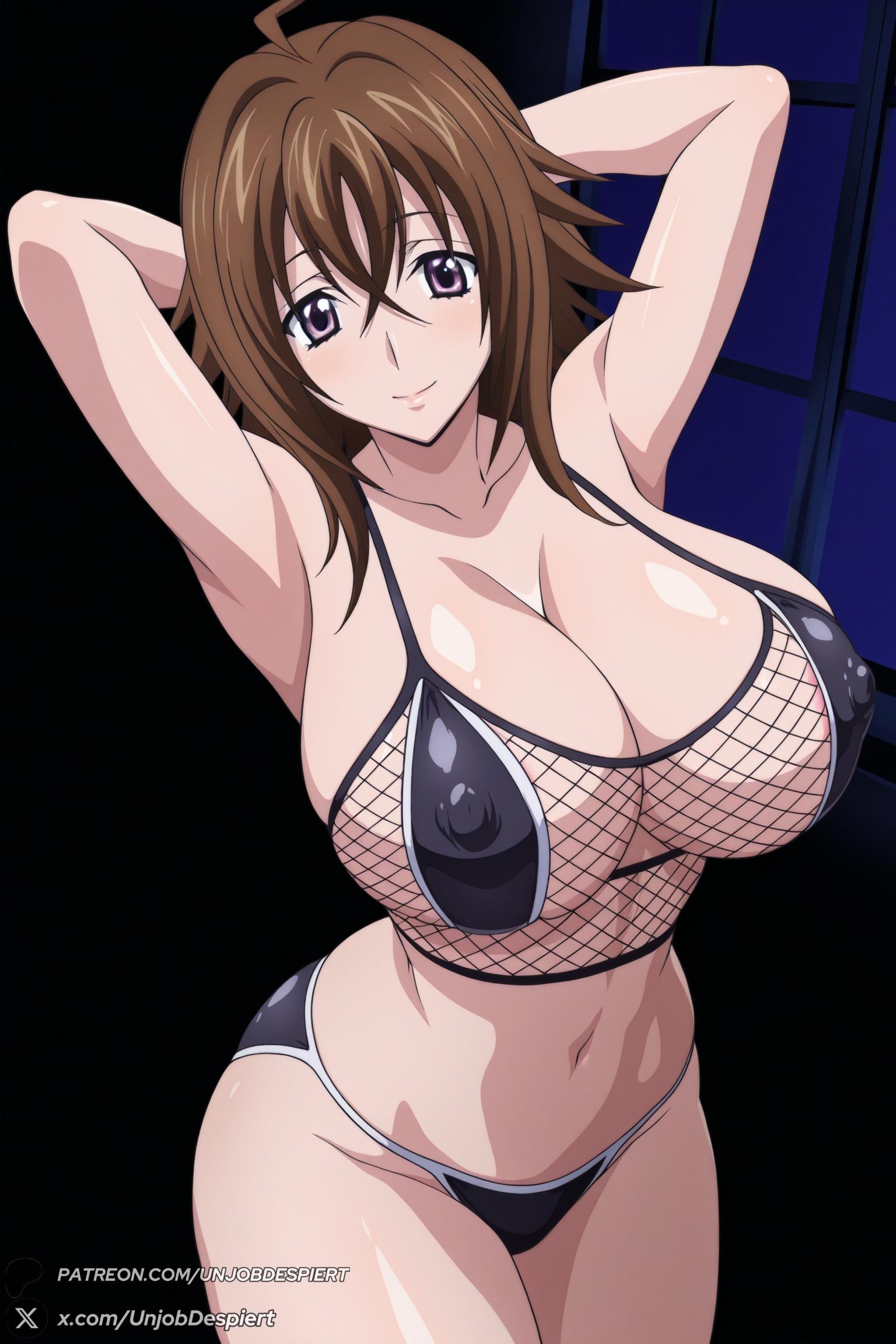 1female, 1girl, 1girls, 2026, ahoge, ai generated, armpits, arms behind head, arms up, artist name, big ass, big breasts, bikini, black bikini, breasts, brown eyes, brown hair, cleavage, collarbone, covered nipples, curvy, female, female only, fishnets, hair between eyes, hi res, high quality, high resolution, high school dxd, highres, huge ass, huge breasts, large breasts, long hair, looking at viewer, navel, patreon, patreon username, purple eyes, shiny, smile, solo, swimsuit, underwear, unjobdespiert, venelana gremory, watermark