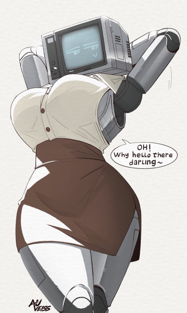 arms behind head, arms up, auveiss, breasts, computer head, female, female only, humanoid, idk what to tag it, melissa graceford, original, original character, robot girl, tagme, tv head, white background
